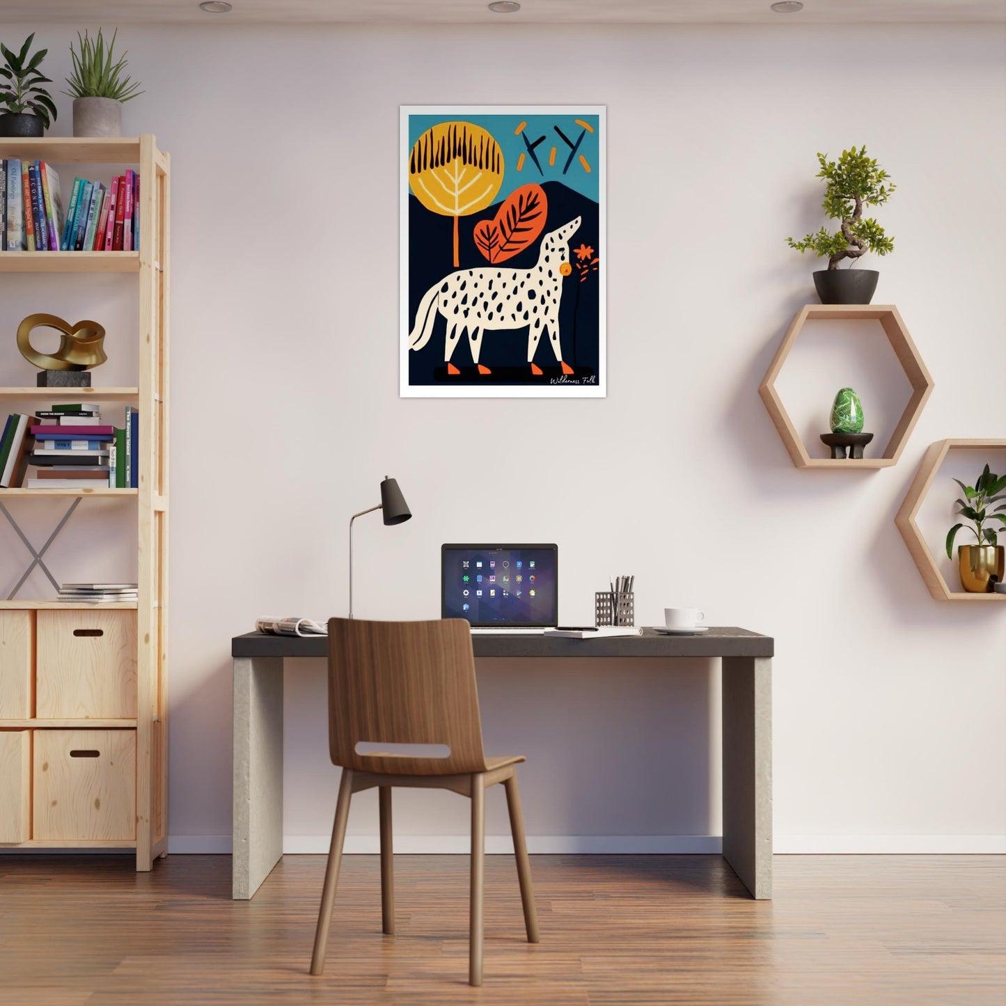 Art print in office workspace — Scandinavian Folk Art Poster adds warmth and creativity