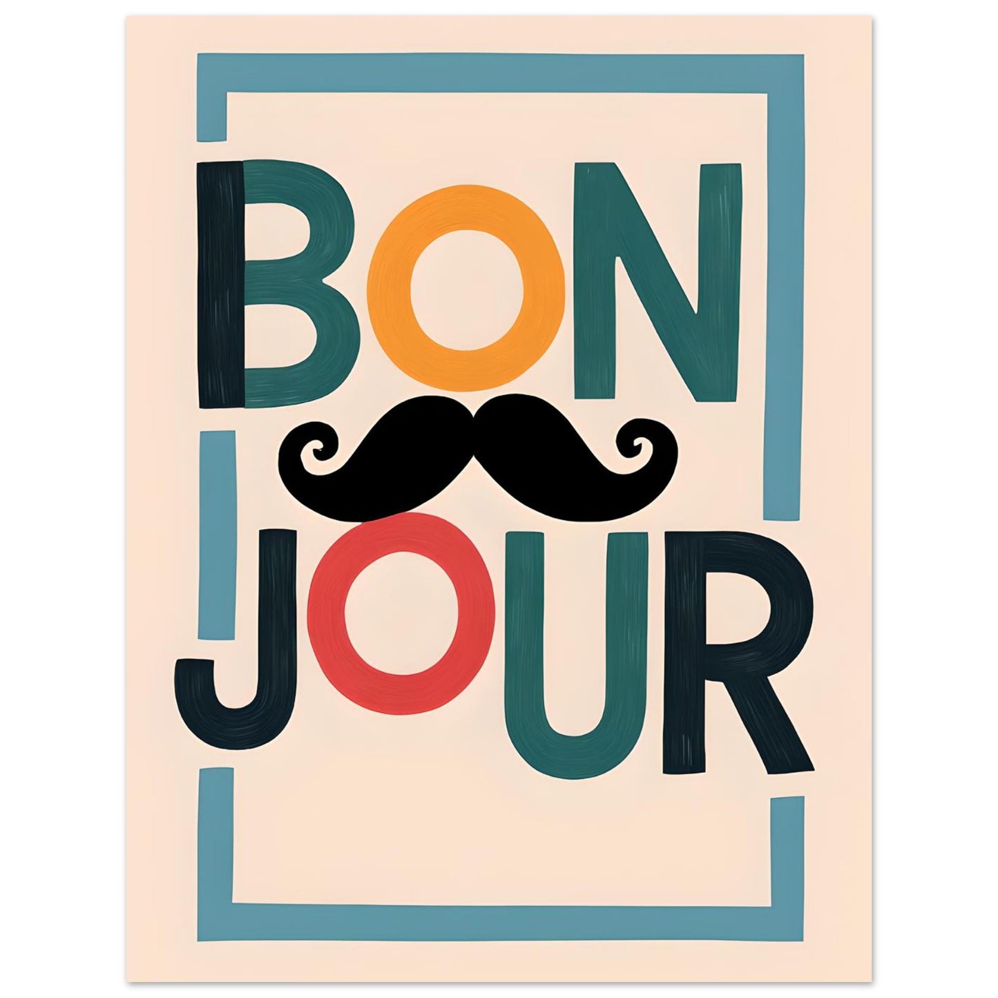 Bonjour Poster - Quirky French Greeting Wall Art with Mustache - Fun Living Room & Café Decor