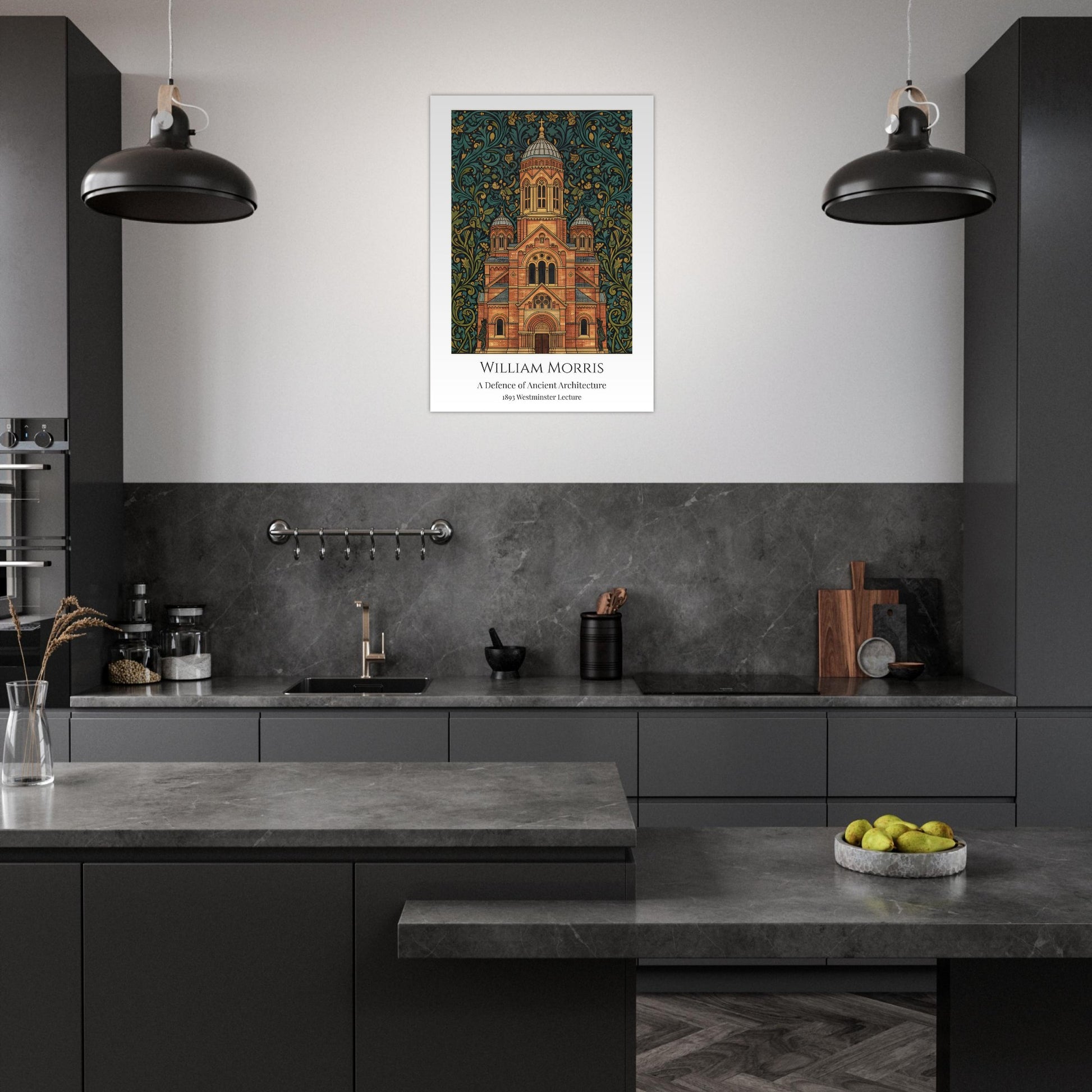 A William Morris style art print of Westminster Cathedral featuring a Neo-Byzantine architectural facade in gold and brick tones. The building is surrounded by an intricate, dense teal and dark green botanical pattern. The bottom features a clean white border with the text: William Morris, A Defence of Ancient Architecture, 1893 Westminster Lecture