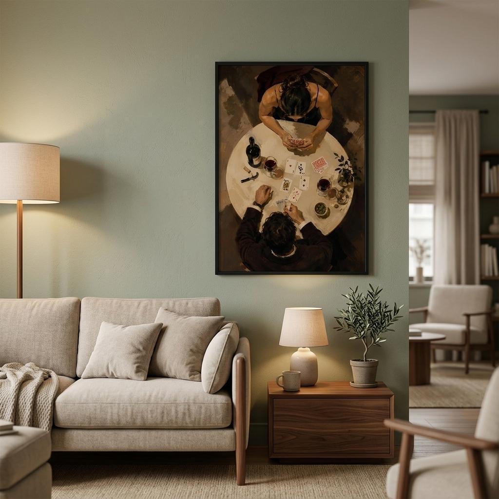 After Dinner art print framed above a neutral sofa in a contemporary living room.