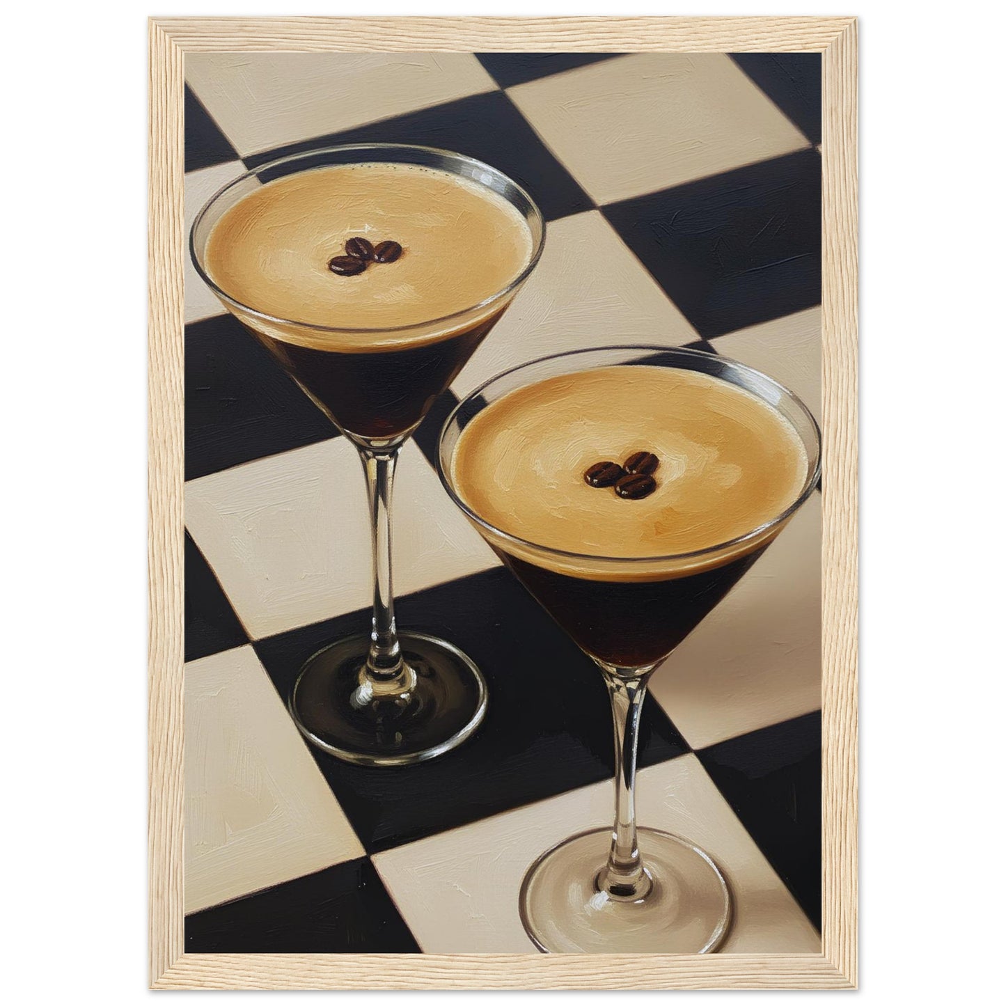 Framed Espresso Martini print featuring two classic cocktails with rich coffee tones and a geometric checkerboard pattern.