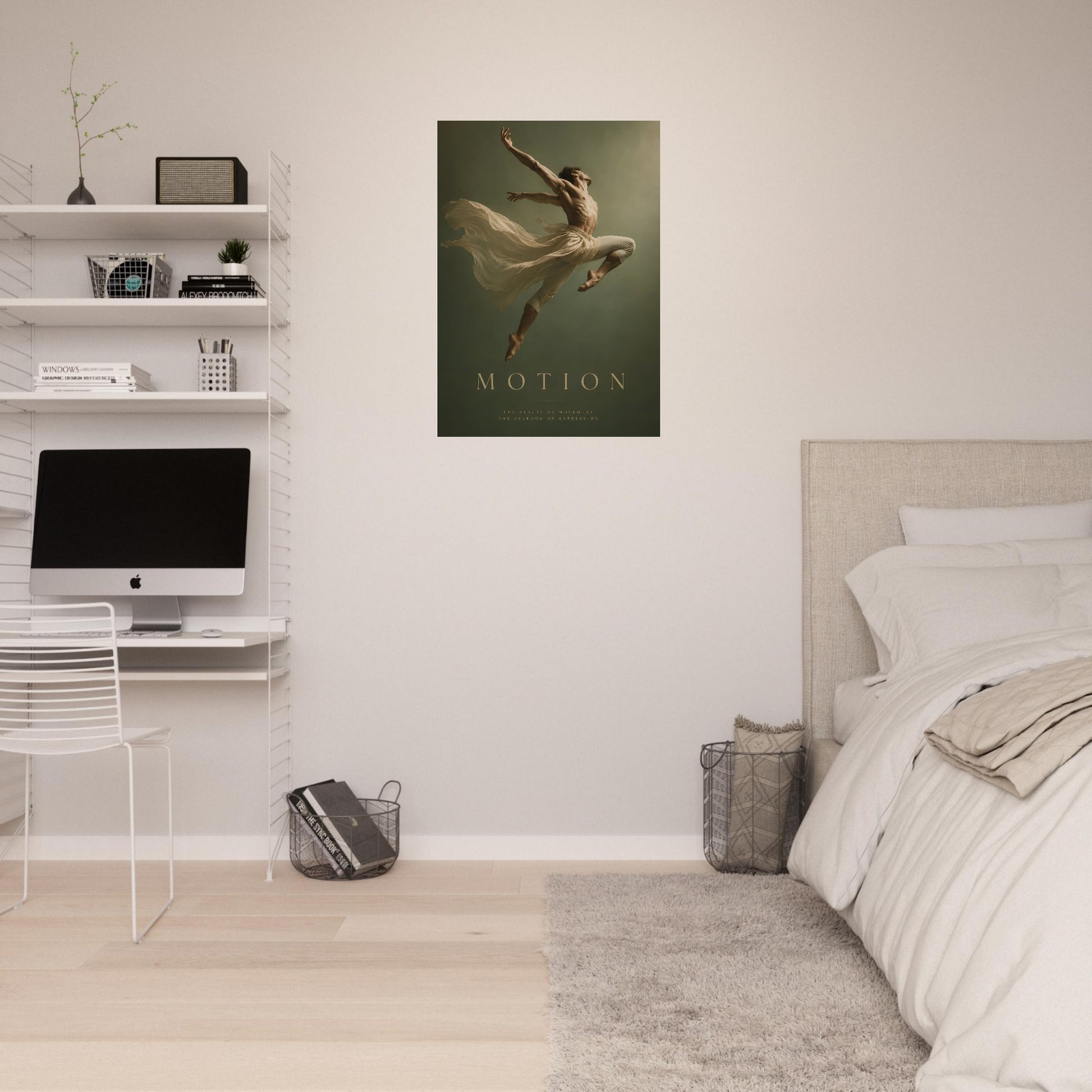Room interior with a bed, desk, and wall art of a dancer labeled 'Motion'.