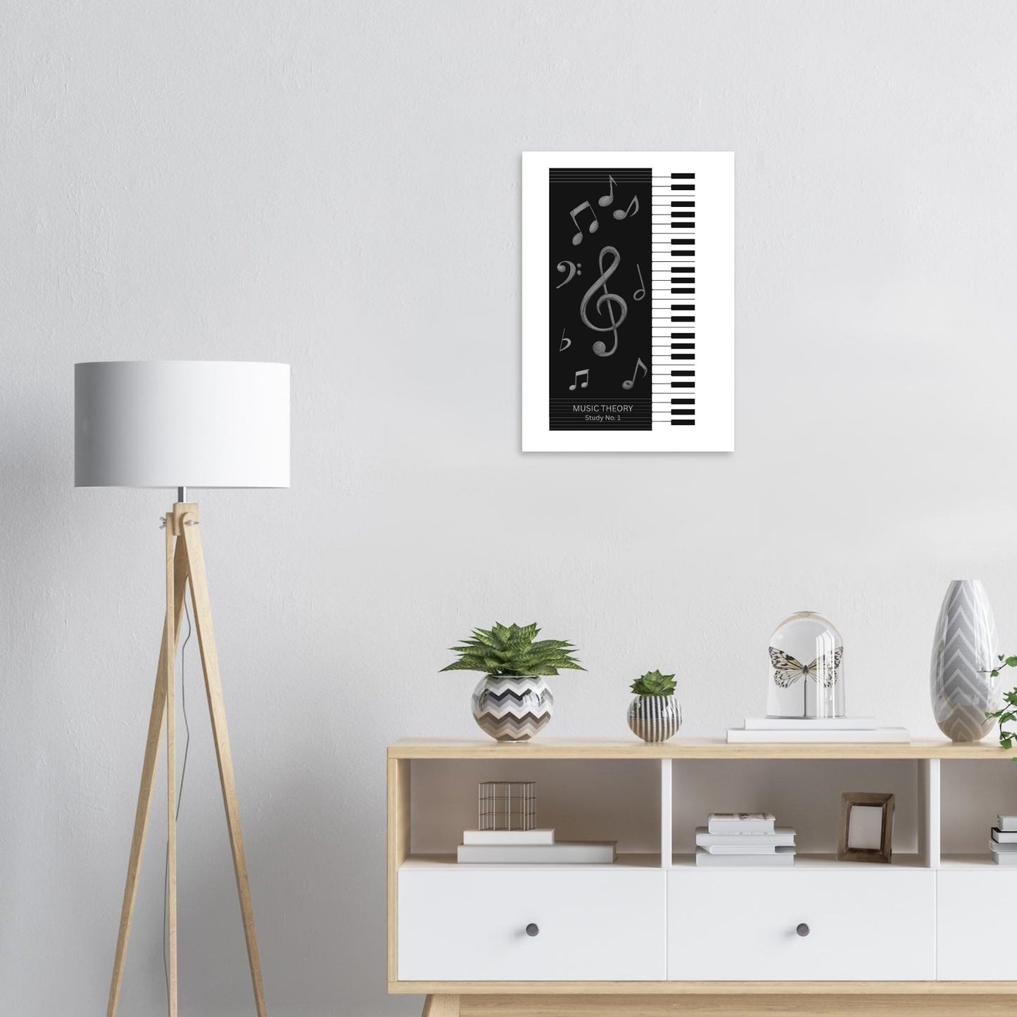 Black and white piano music poster with treble clef minimalist Scandinavian wall art