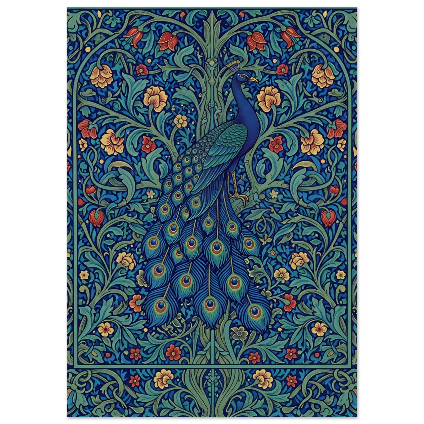 The Enchanted Peacock art print featuring a blue and teal peacock surrounded by intricate jewel-toned flowers and foliage.