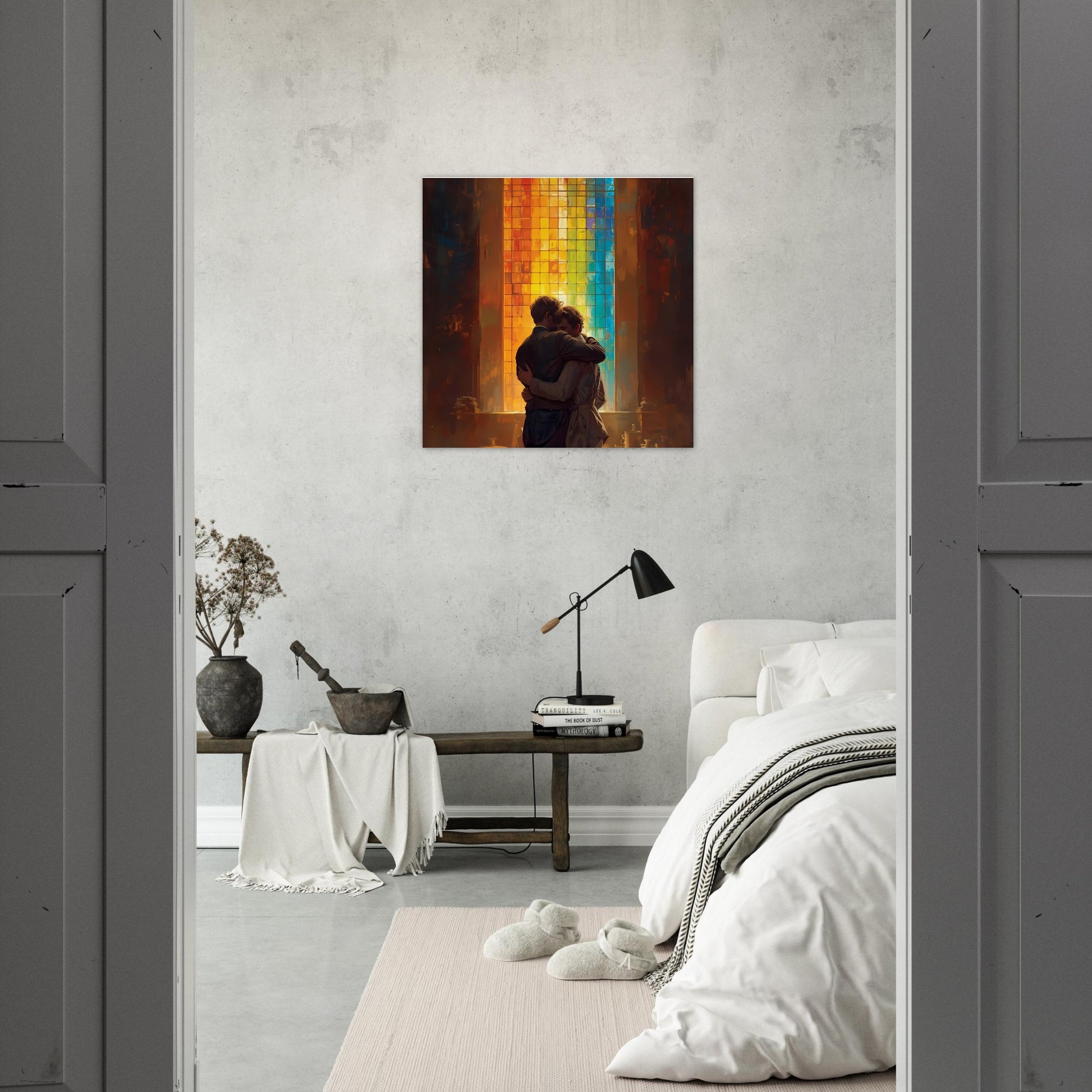 Modern bedroom with a painting of two people embracing on the wall.
