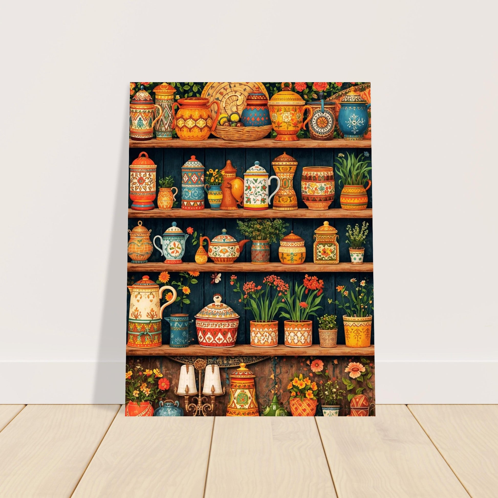 Decorative poster with colorful ceramic pots and plants on shelves.