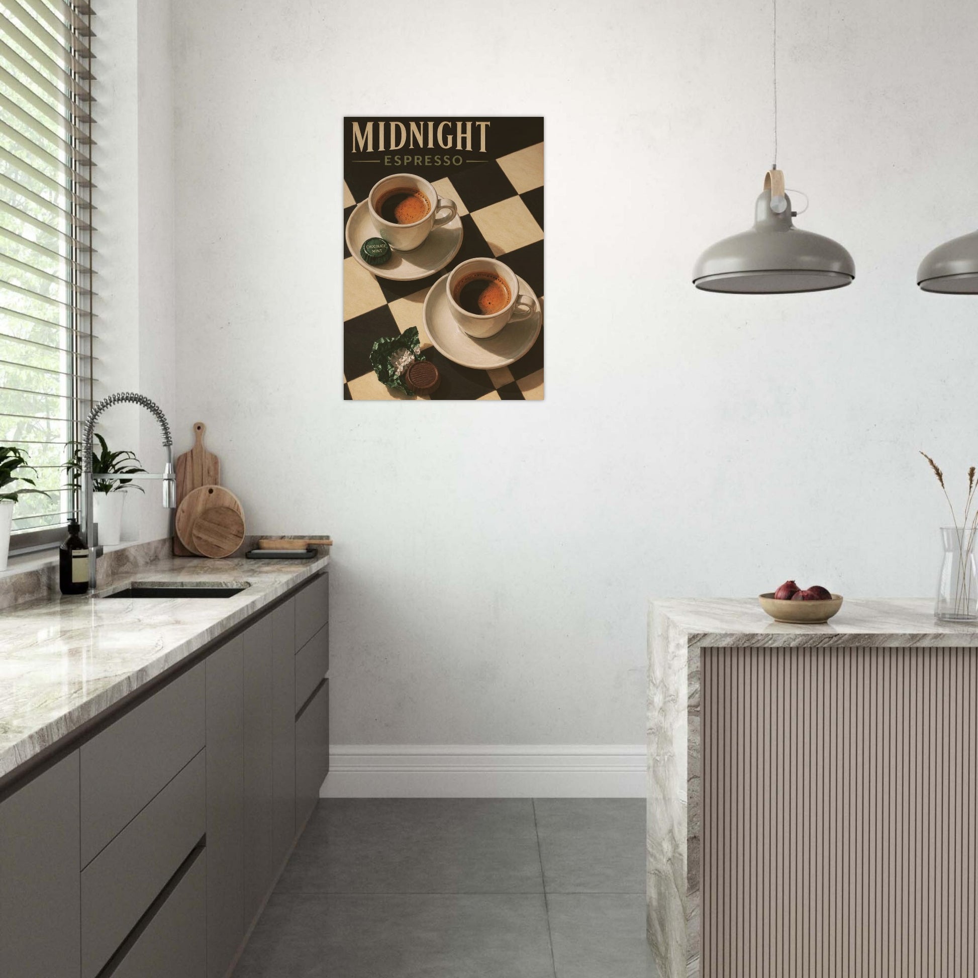 Midnight Espresso retro wall art hanging in a bright modern kitchen with white cabinets and natural light.