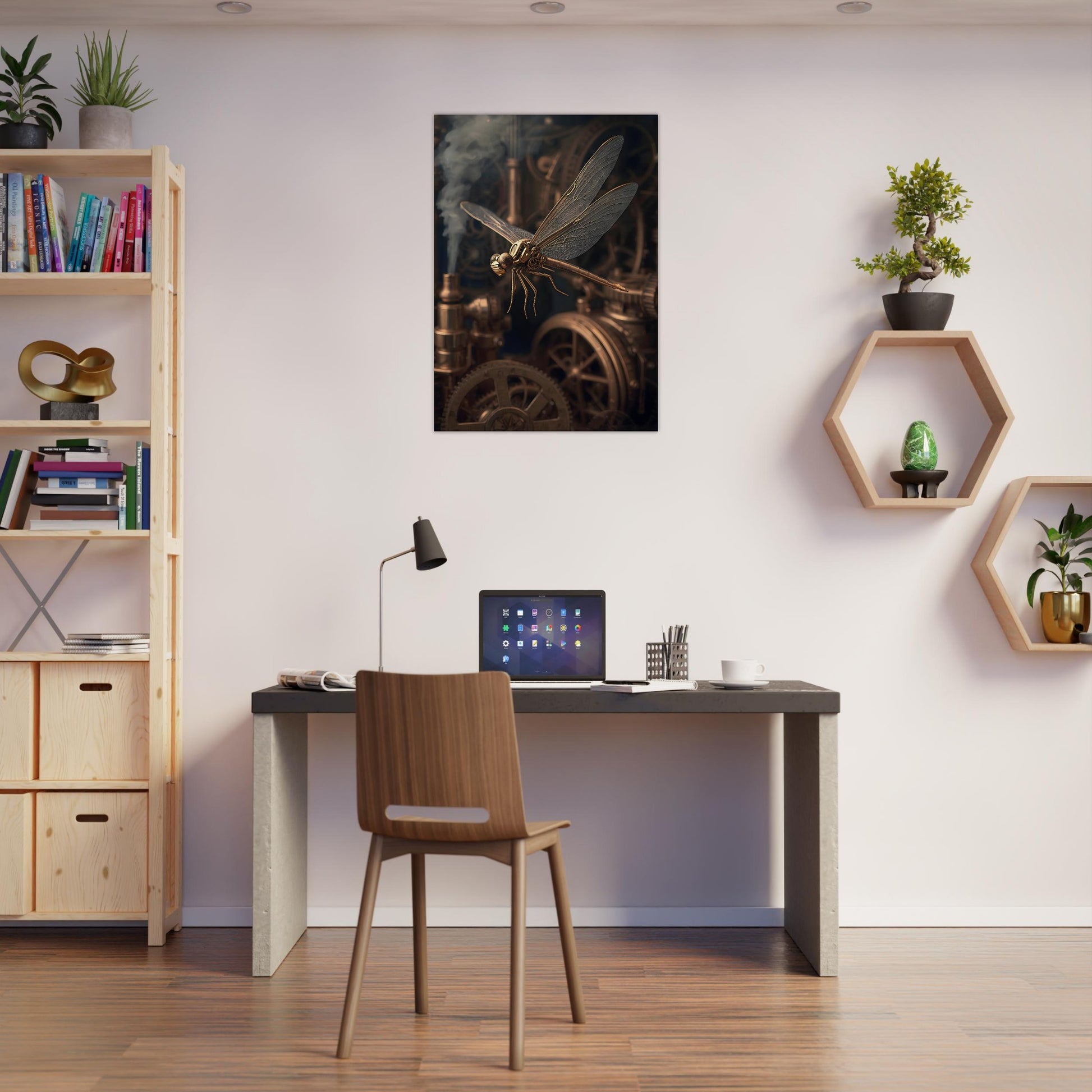 Modern home office with a desk, chair, and wall art.
