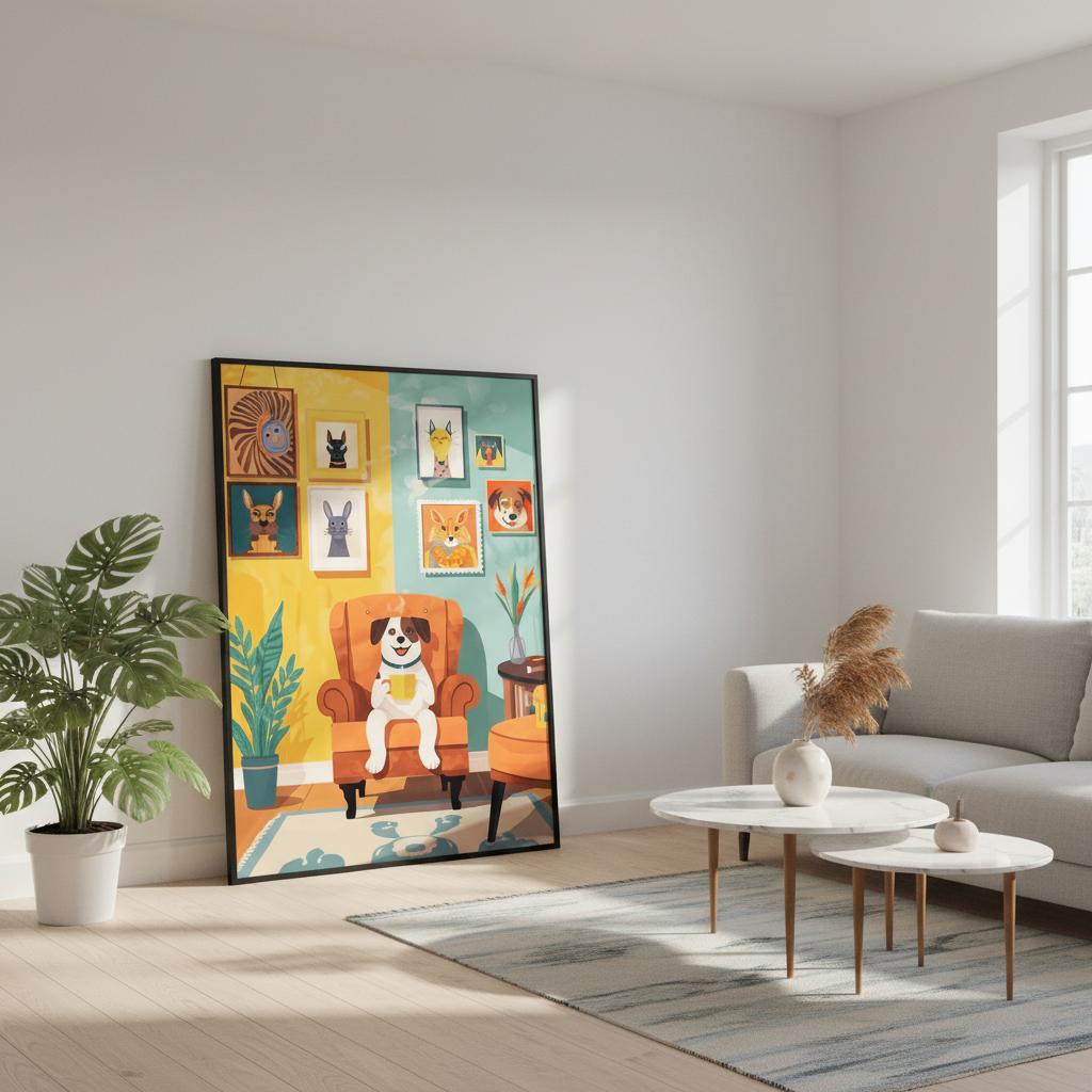 Living room with a colorful wall art depicting a dog in an armchair.