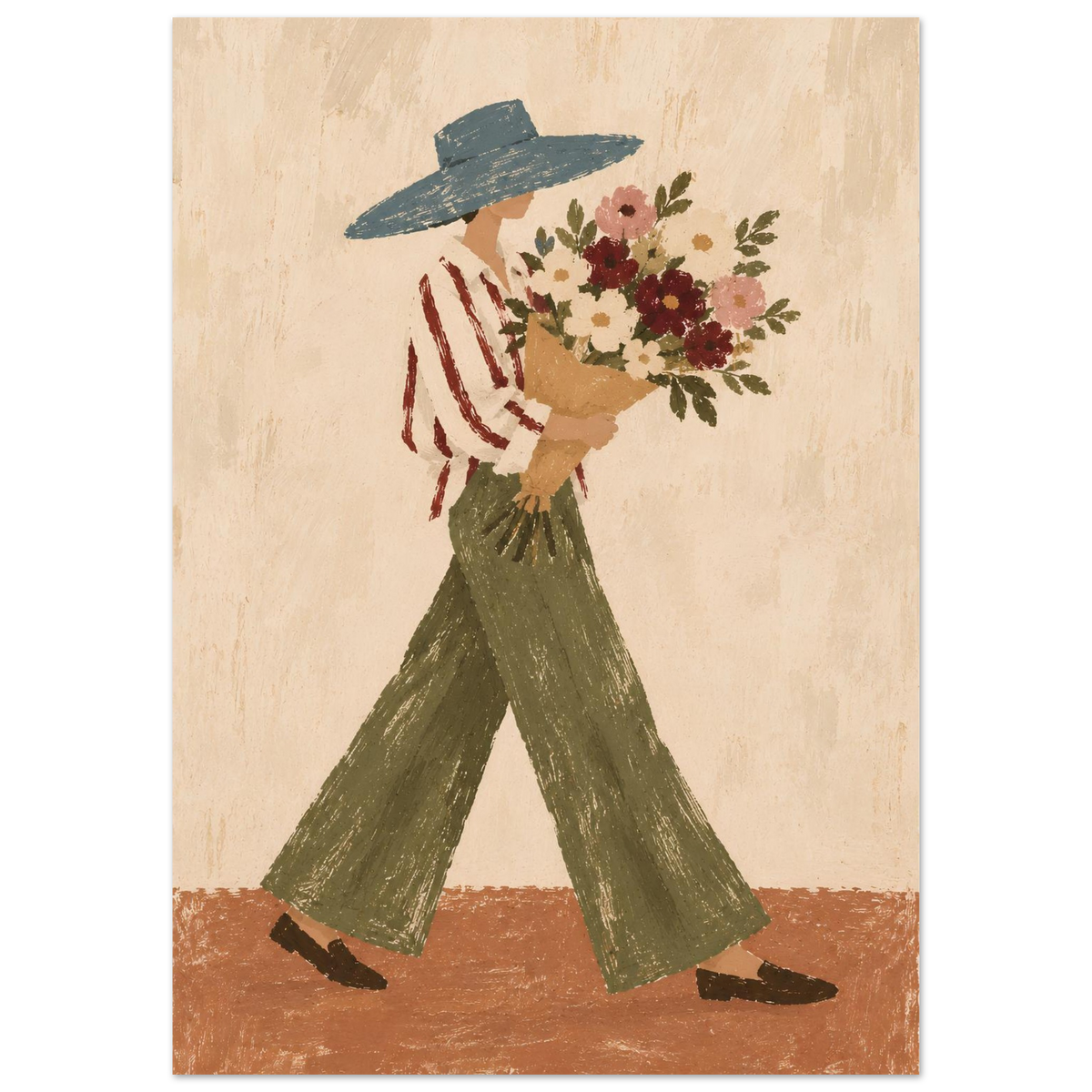 A folk-art style illustration of a person walking forward while holding a large bouquet of flowers. The figure wears a wide-brim blue hat, a red-and-white striped shirt, olive green pants, and dark shoes, set against a textured beige background with a brown ground.