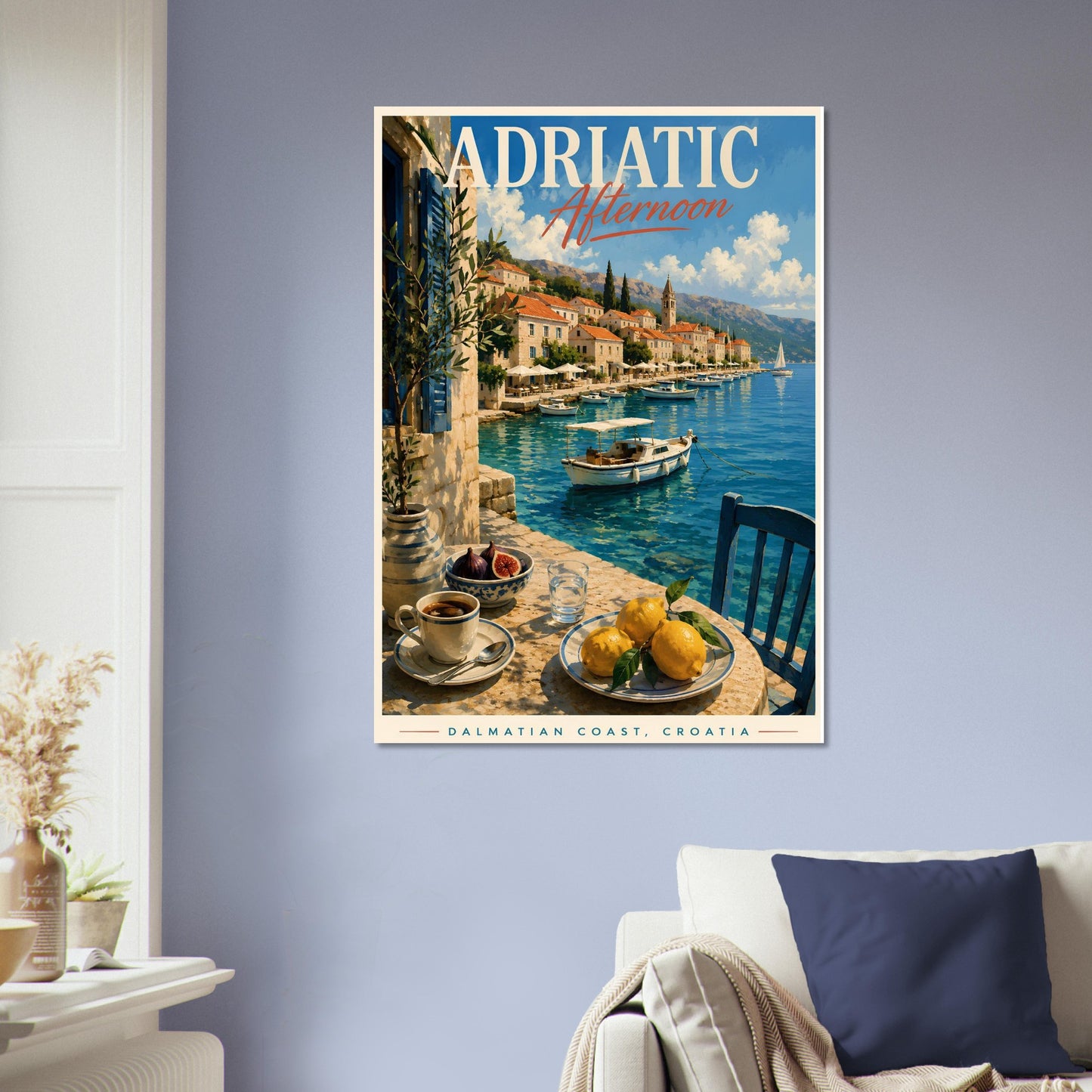 Croatian coastal wall art hanging above a bed in a bright modern lounge