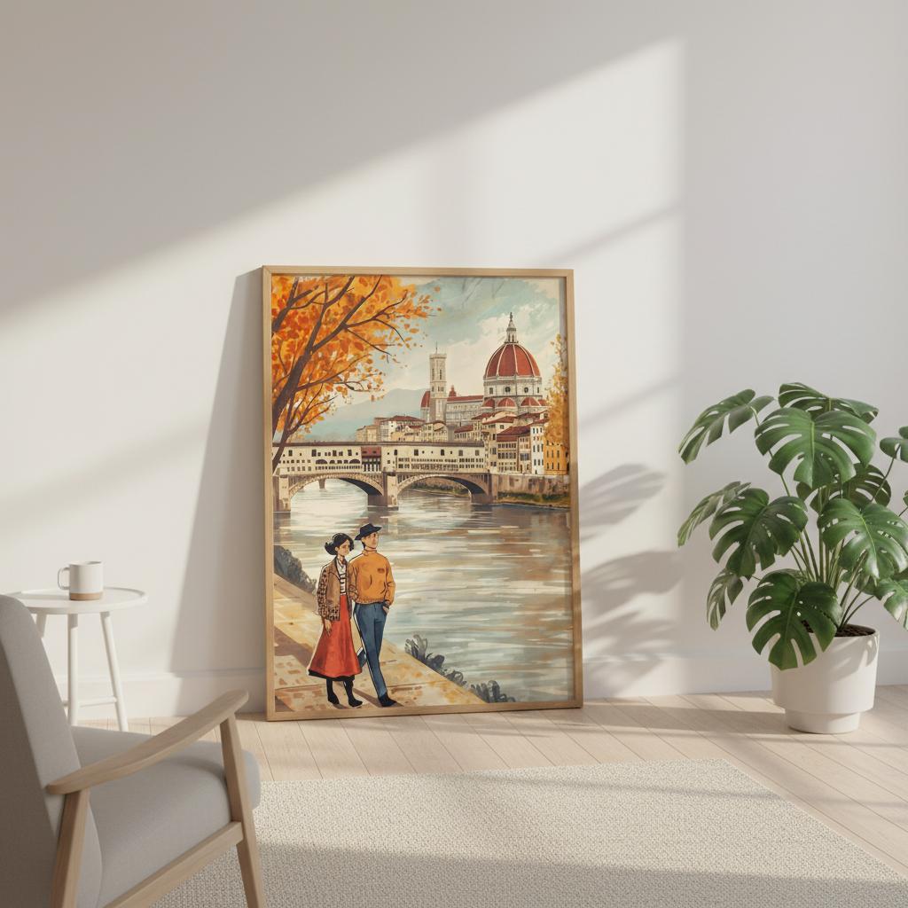 Florence folk art wall print featuring a couple walking beside the Arno River with the Duomo skyline in warm autumn tones