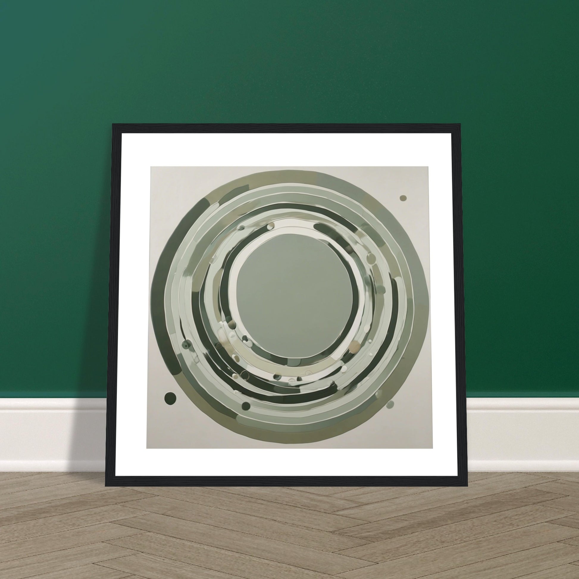 Framed sage green circular abstract wall art featuring minimalist modern design in neutral Scandinavian style