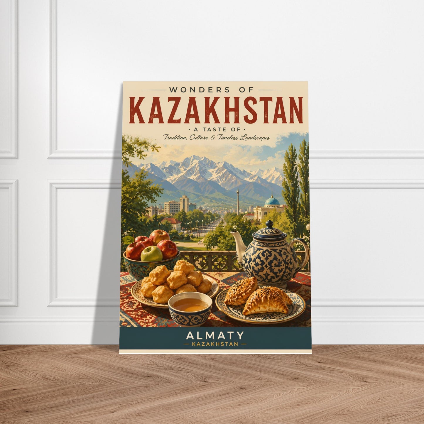 Kazakhstan travel poster featuring Almaty and the Tian Shan mountains displayed against a minimalist white wall in a modern interior.