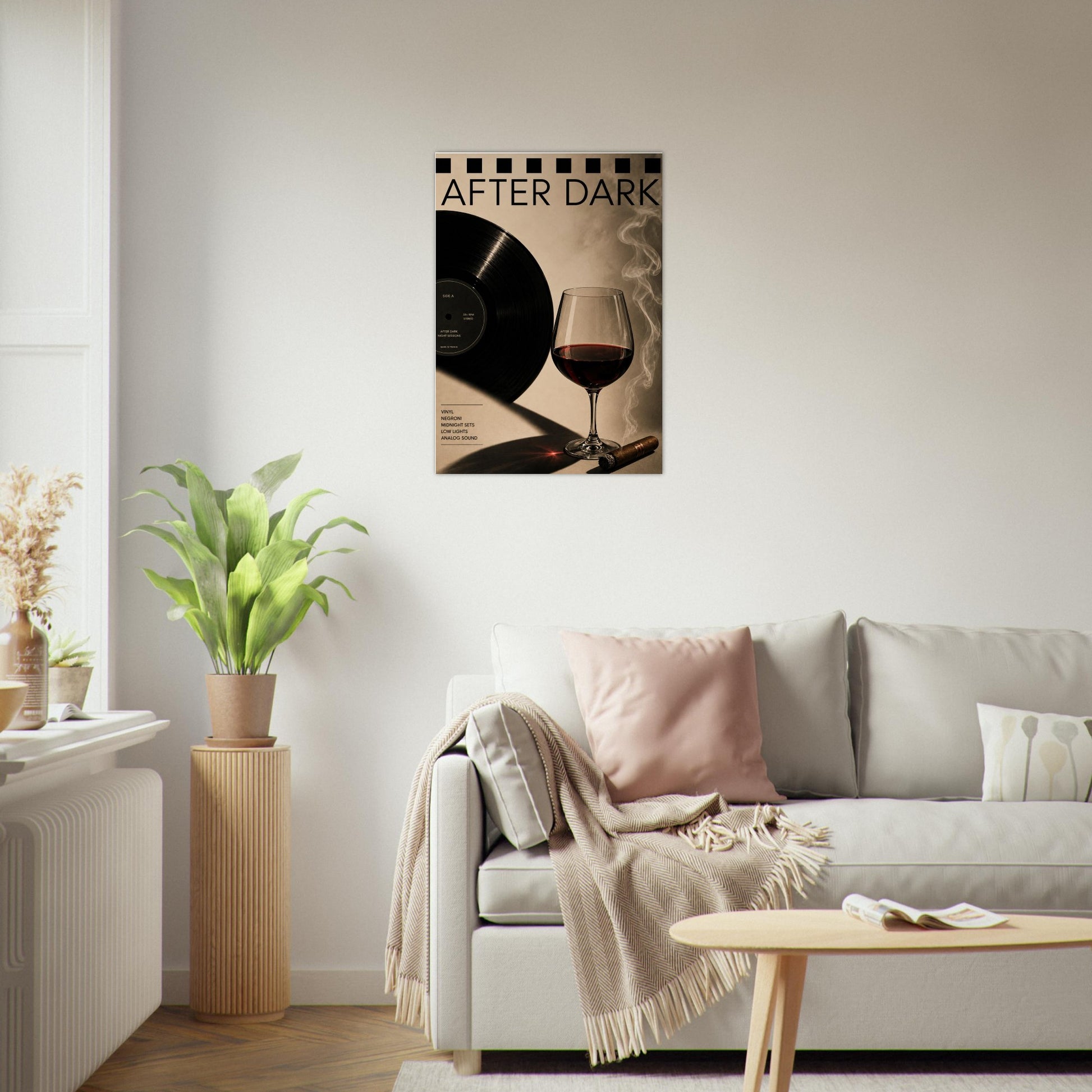 Living room with a 'After Dark' themed wall art piece above a sofa.