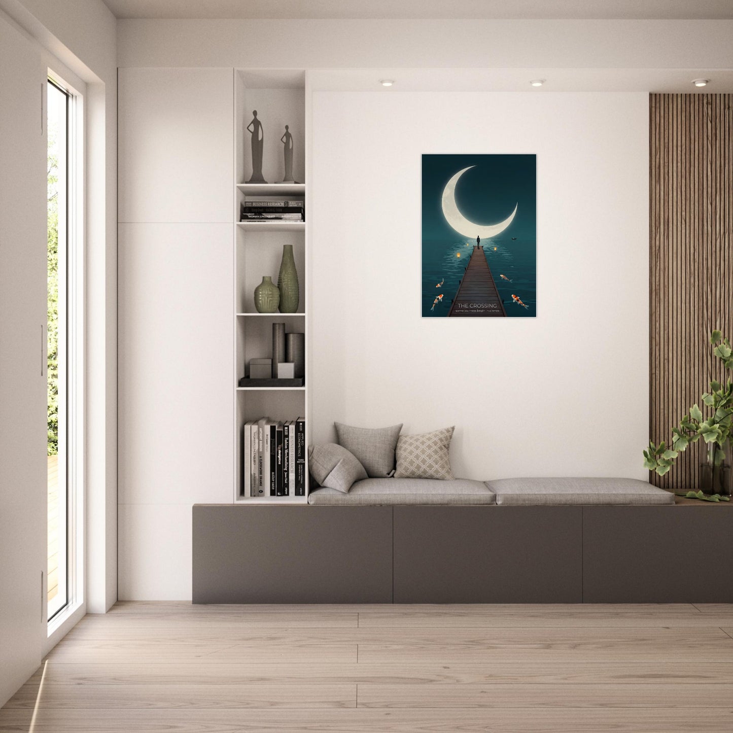 The Crossing moon poster displayed on white panelled walls, bringing a calm and atmospheric focal point to a contemporary interior.