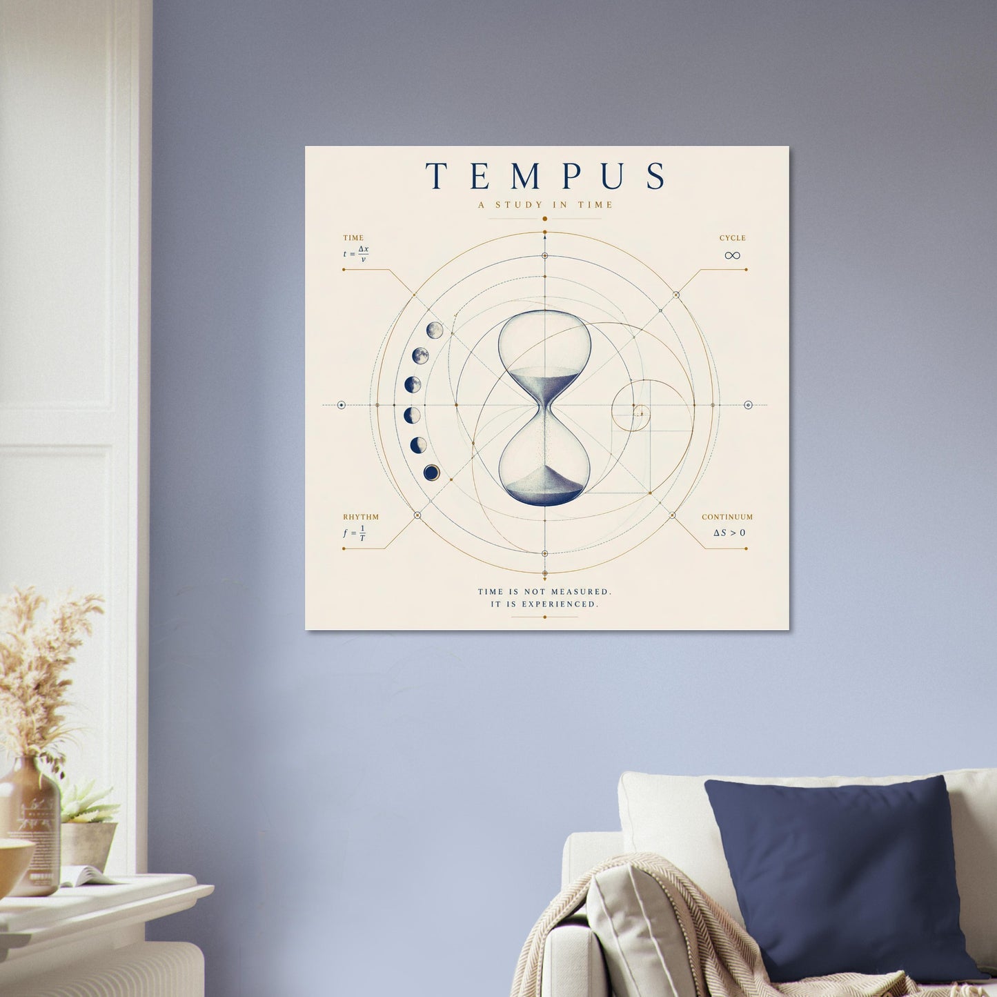Geometric time-inspired wall art displayed on a soft blue wall in a contemporary lounge