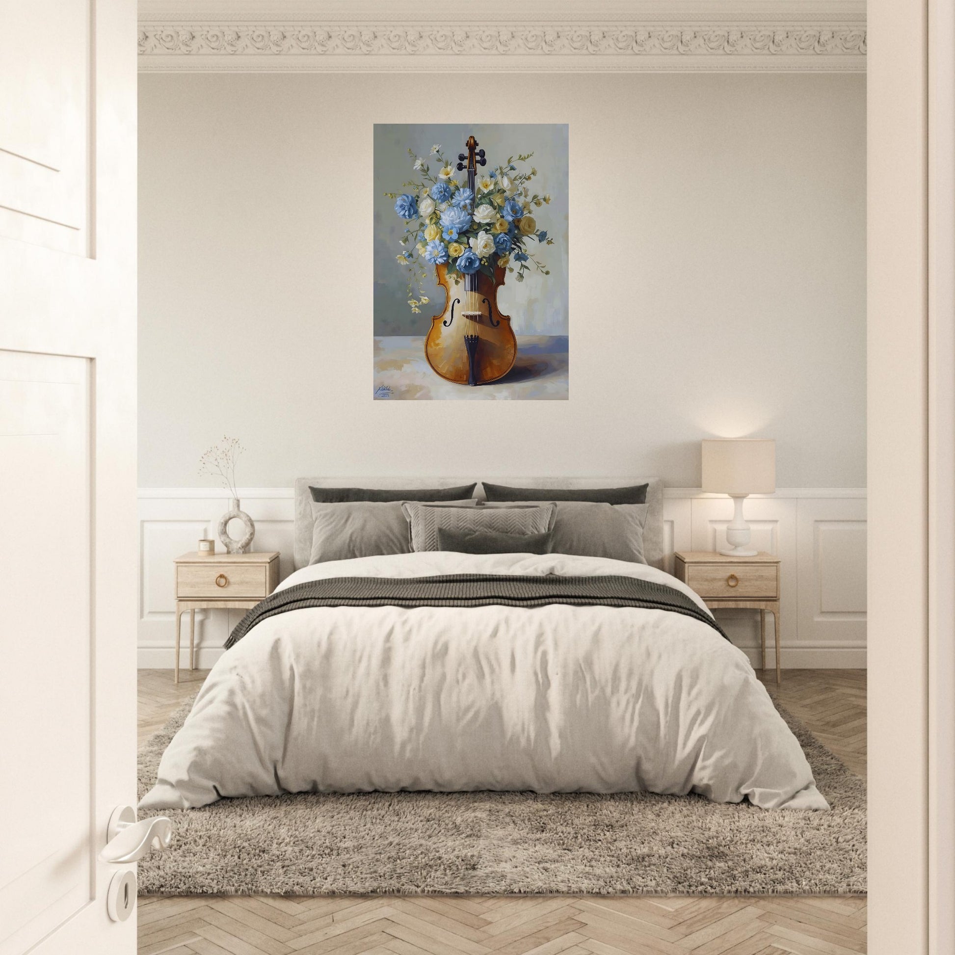 Bedroom with a painting of flowers in a vase on the wall above the bed.