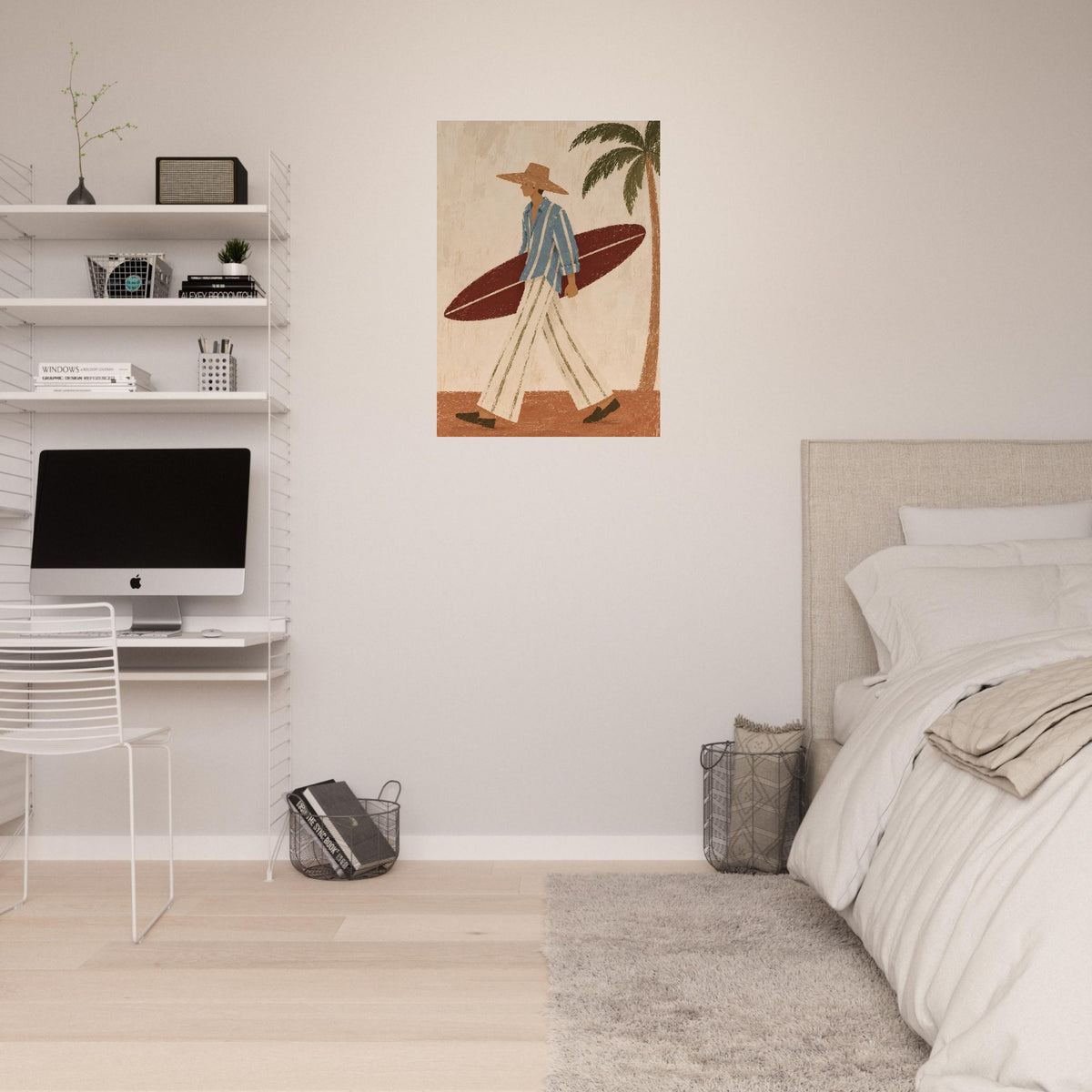 A bedroom interior with a framed wall art print above a bed. The print shows a retro-style figure carrying a surfboard next to a palm tree, in muted beige, blue, brown, and red tones.
