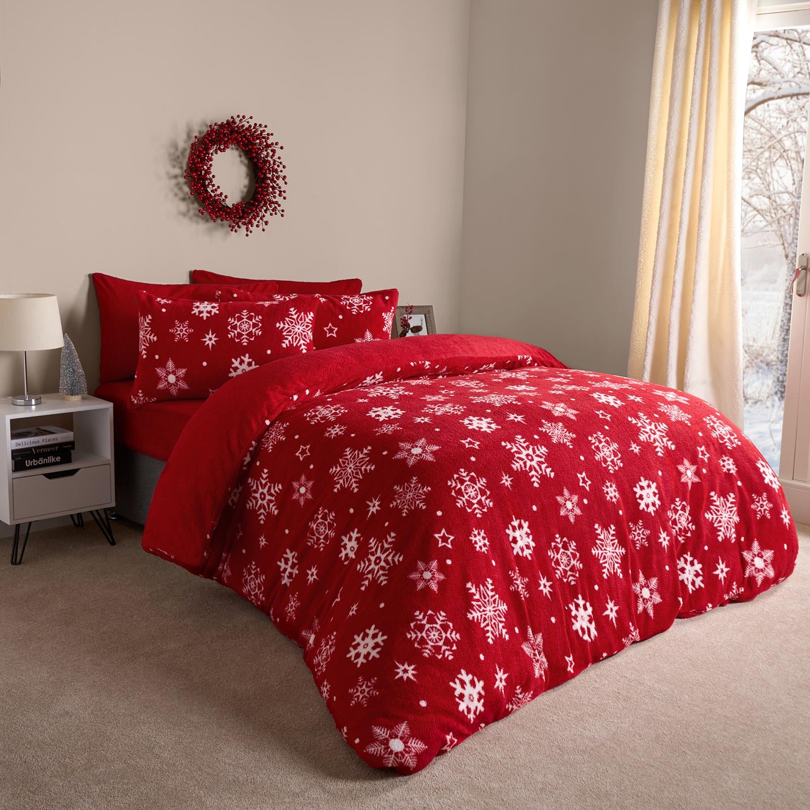 Snowflake Teddy Fleece Duvet Cover Bedding Set Winter Christmas Quilt Bed Soft