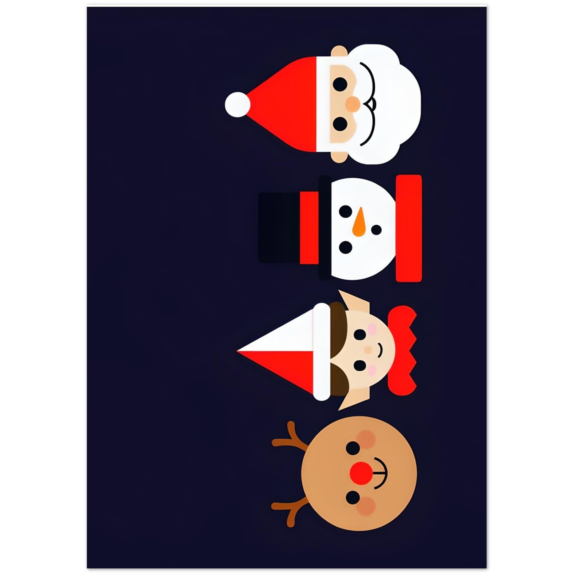 Father Christmas, Snowman, Elf and Reindeer faces with different expressions on a dark blue background