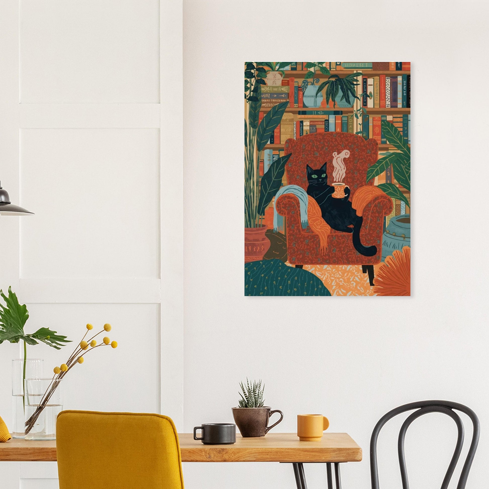 Canvas print of a cat in an armchair with plants and books on a wall above a table.