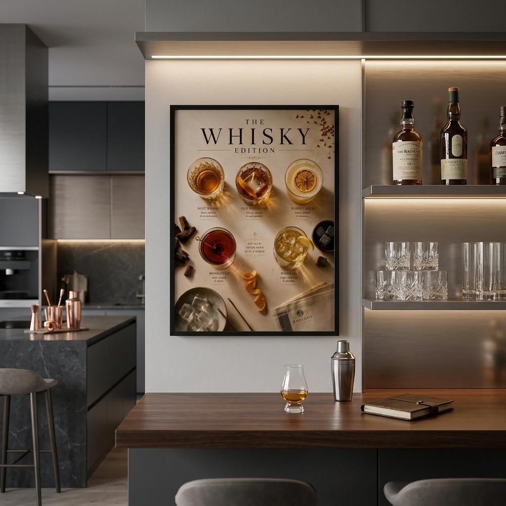 Whisky Edition Poster displayed in a luxury home bar featuring classic whisky cocktails, warm amber tones and sophisticated lounge decor.