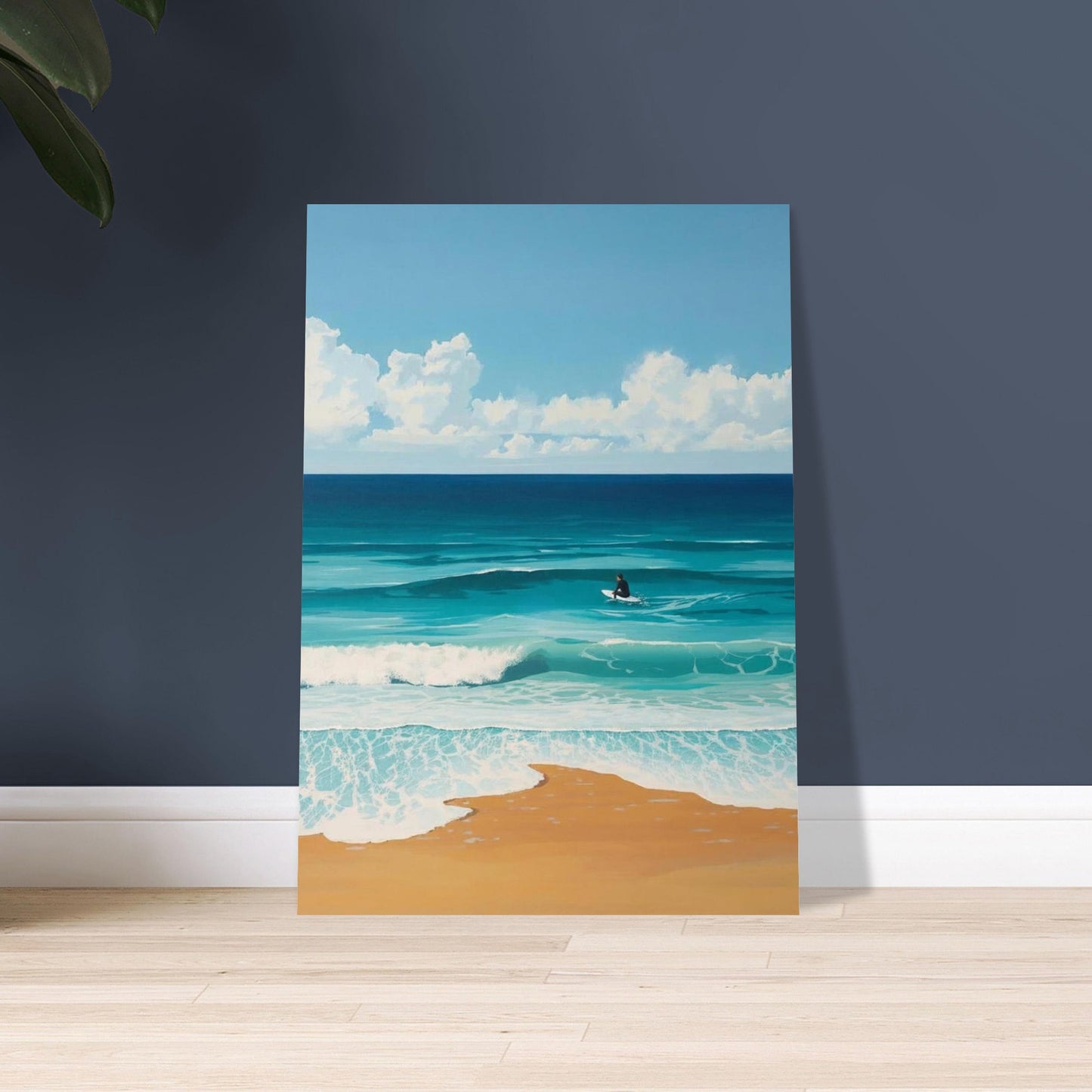 Canvas print of a beach scene with a surfer in the ocean, against a dark blue wall.
