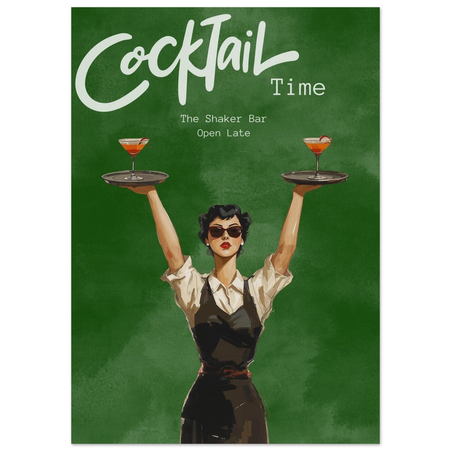 Poster with a woman holding two cocktail trays against a green background