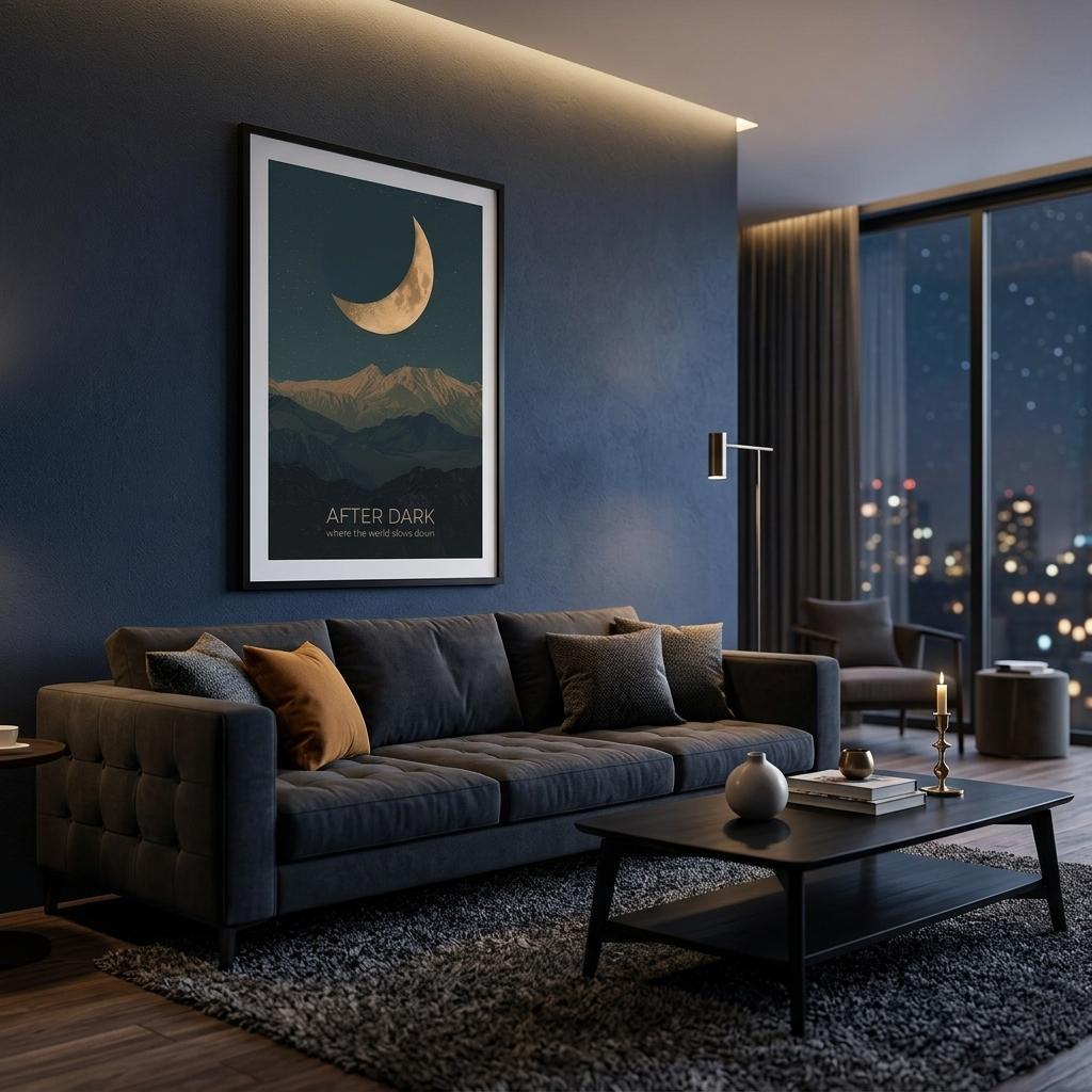 After Dark poster displayed in a luxurious dark blue living room, showcasing a dramatic crescent moon and mountain landscape.