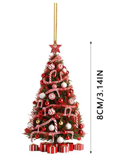 Decorative Christmas tree ornament with candy cane design and measurements on a white background