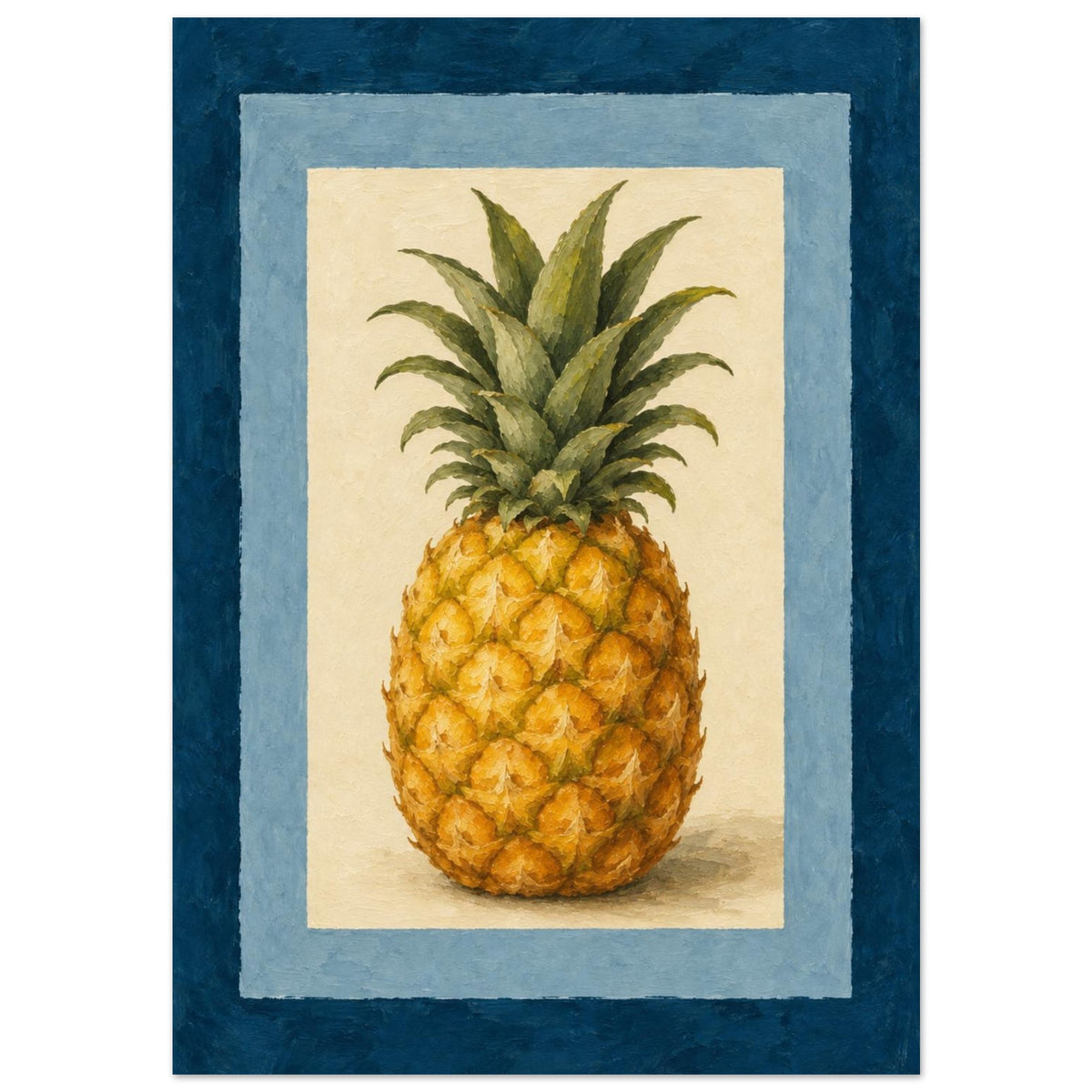 A framed-style art print featuring a painted pineapple centered on a cream background, surrounded by a light blue border and a dark blue outer border, shown against a white backdrop.