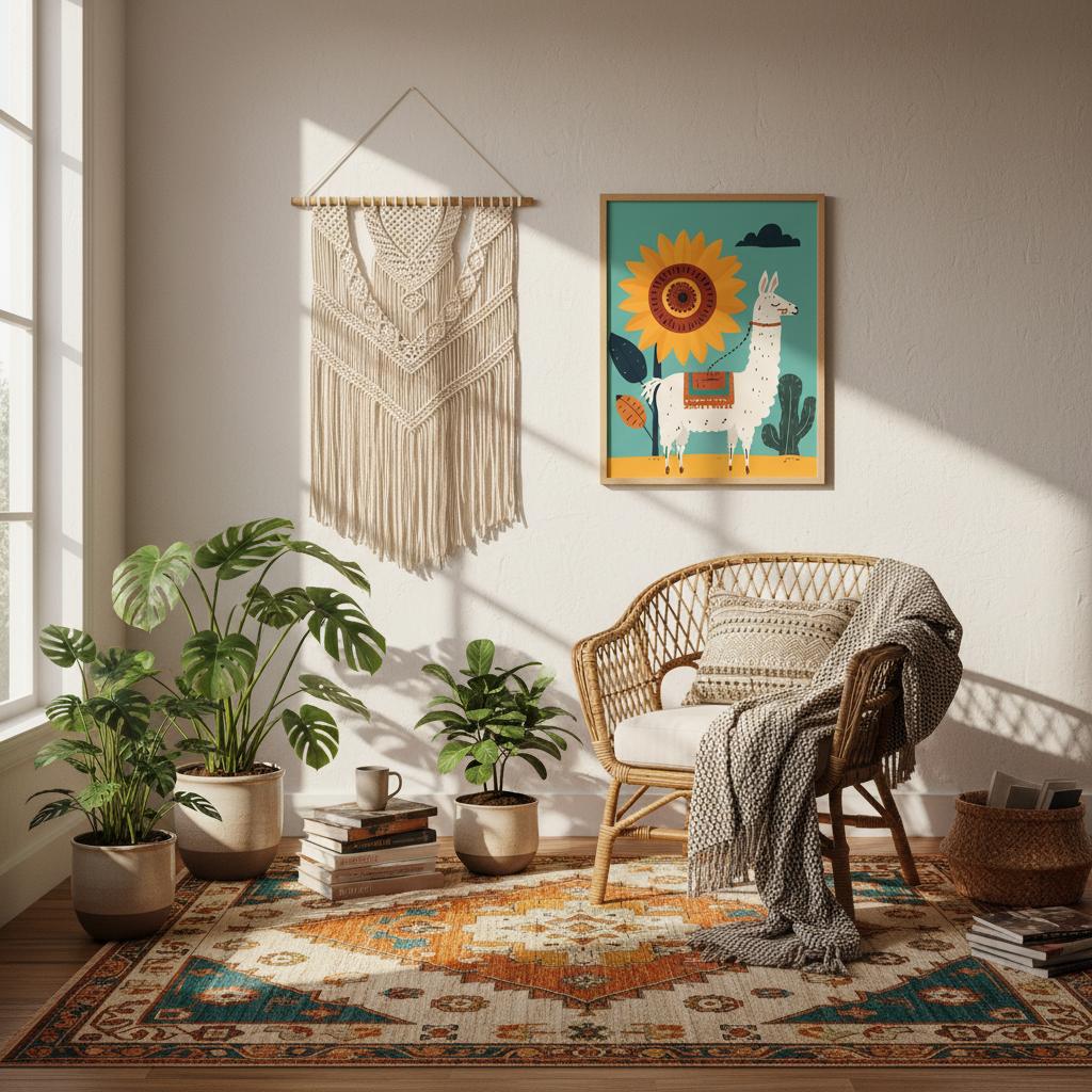 Cozy living room with a wicker chair, plants, and a colorful llama painting.