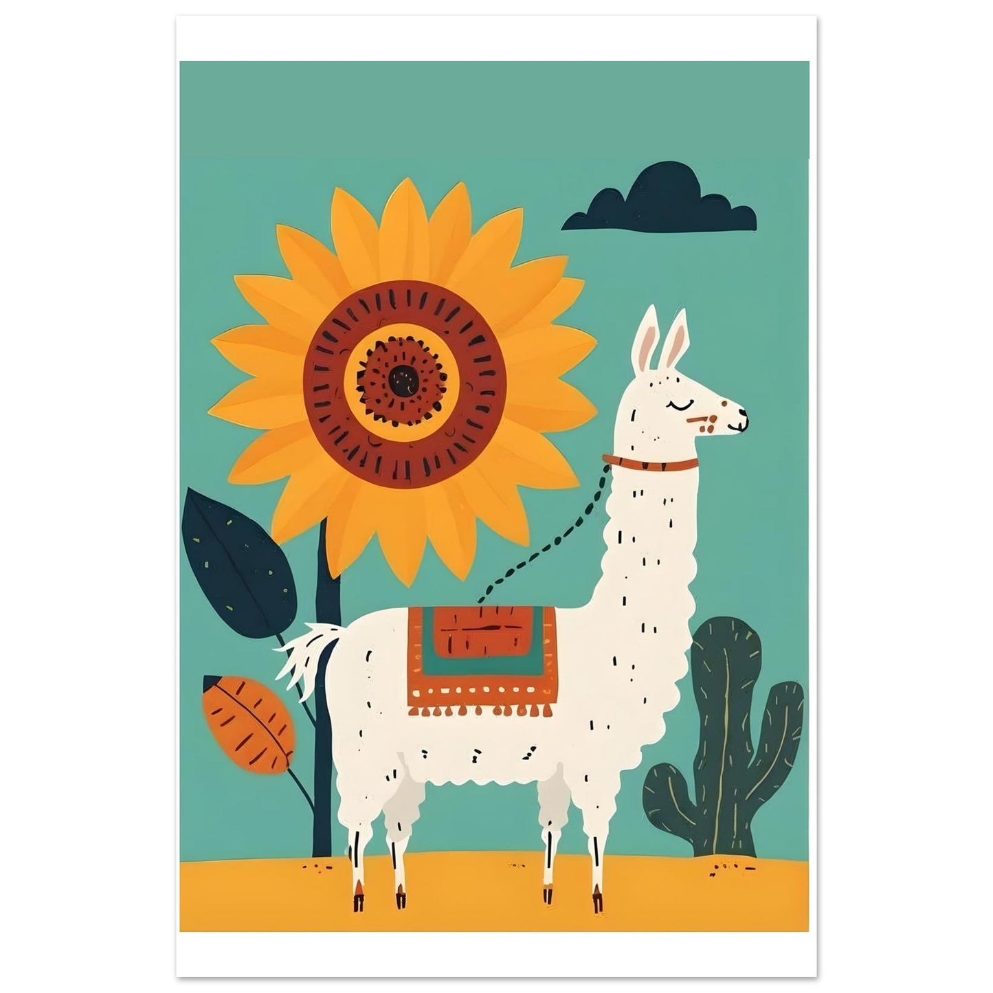 Whimsical Llama Folk Art Poster - Boho Wall Decor - Modern Mid-Century Colors