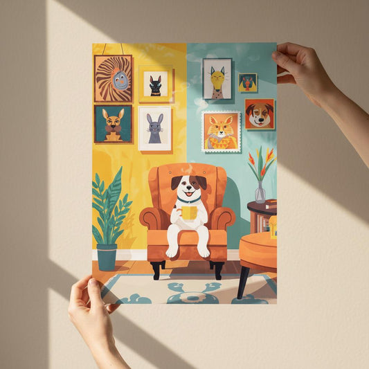 Illustration of a dog sitting in an armchair with a coffee cup, framed by other dog illustrations on a colorful wall.