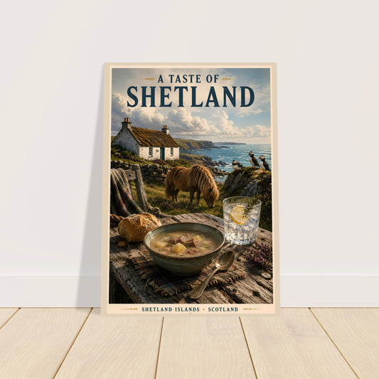 Framed Shetland Islands travel poster displayed on a wooden floor with minimalist home decor