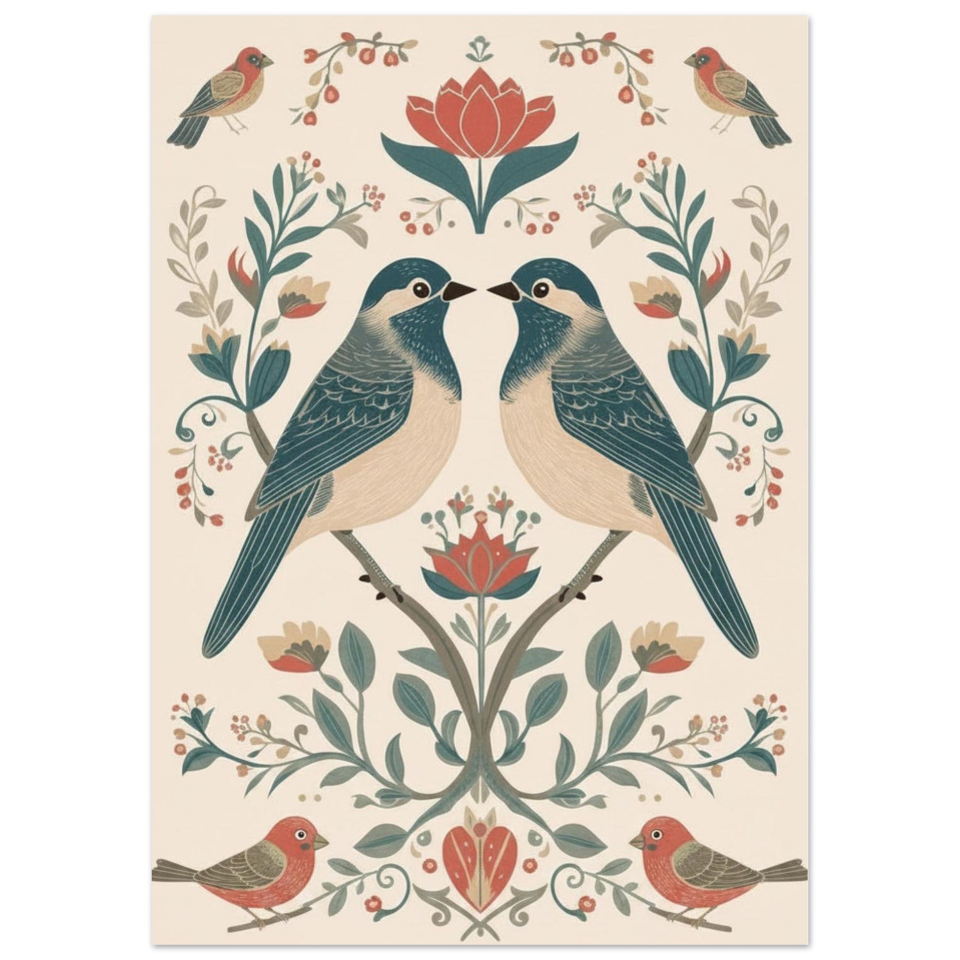 Close-up of Scandinavian folk art bird poster showing detailed floral and symmetrical design