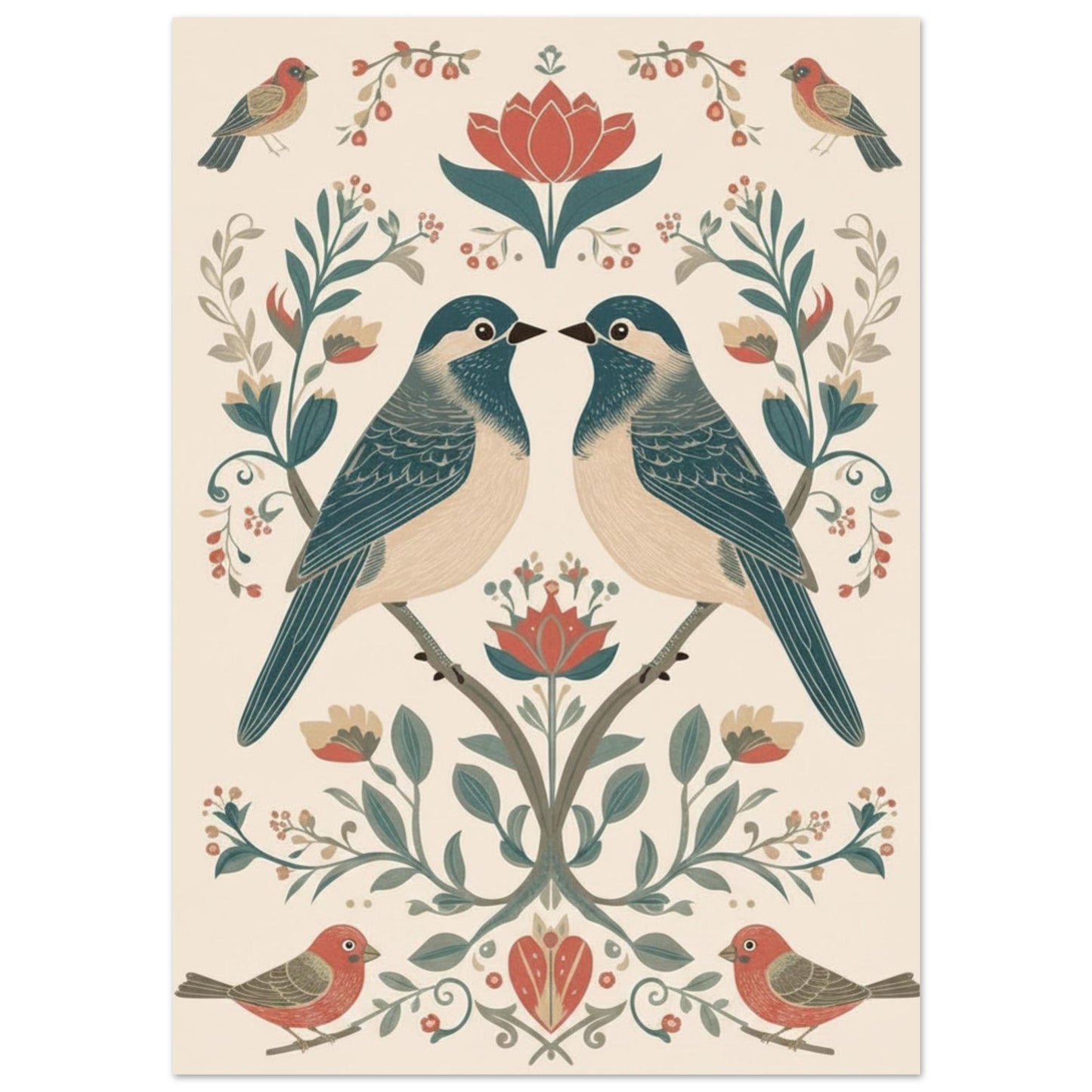 Close-up of Scandinavian folk art bird poster showing detailed floral and symmetrical design