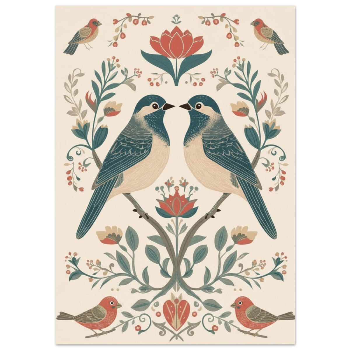 Close-up of Scandinavian folk art bird poster showing detailed floral and symmetrical design