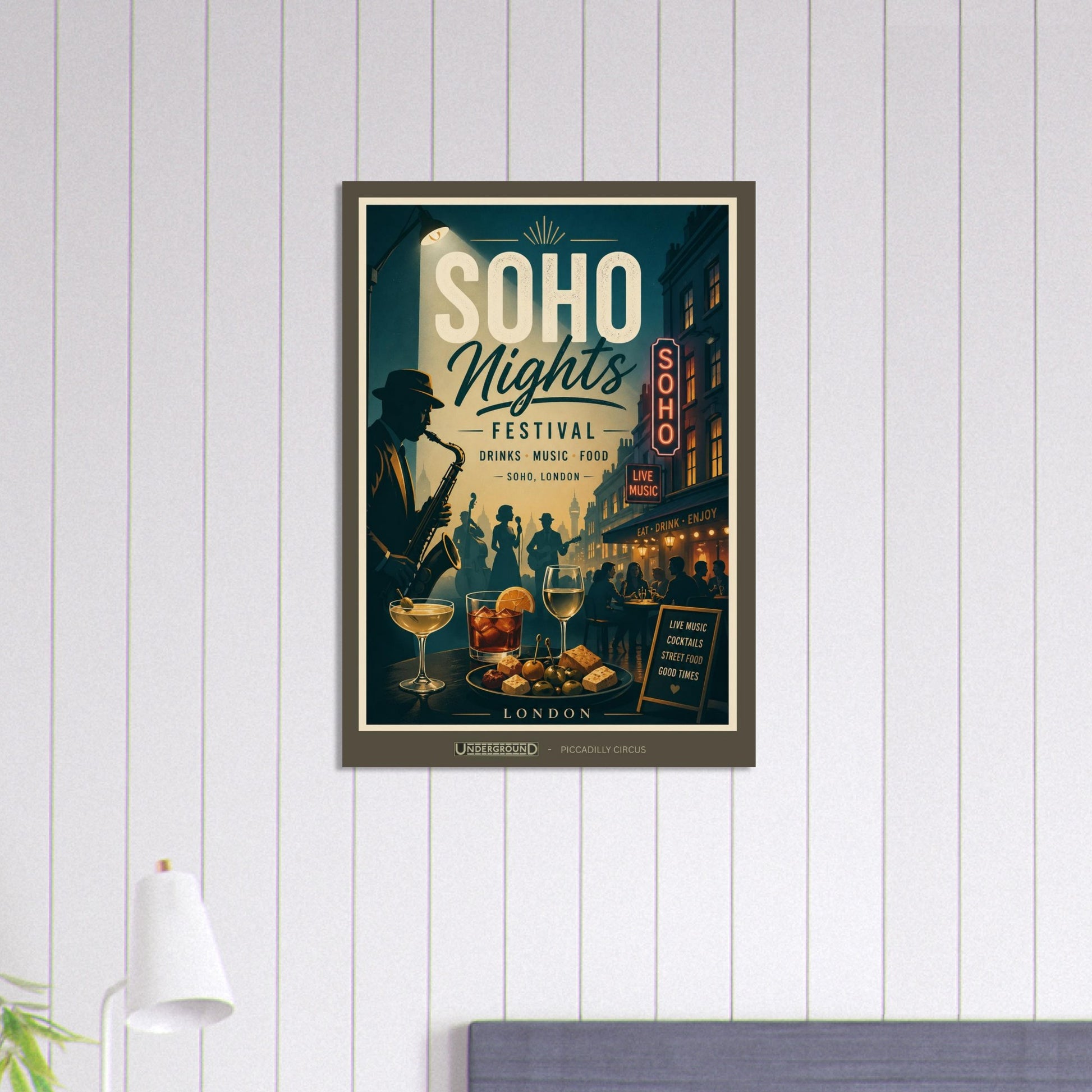 Framed poster of 'Soho Nights' festival on a white wall.