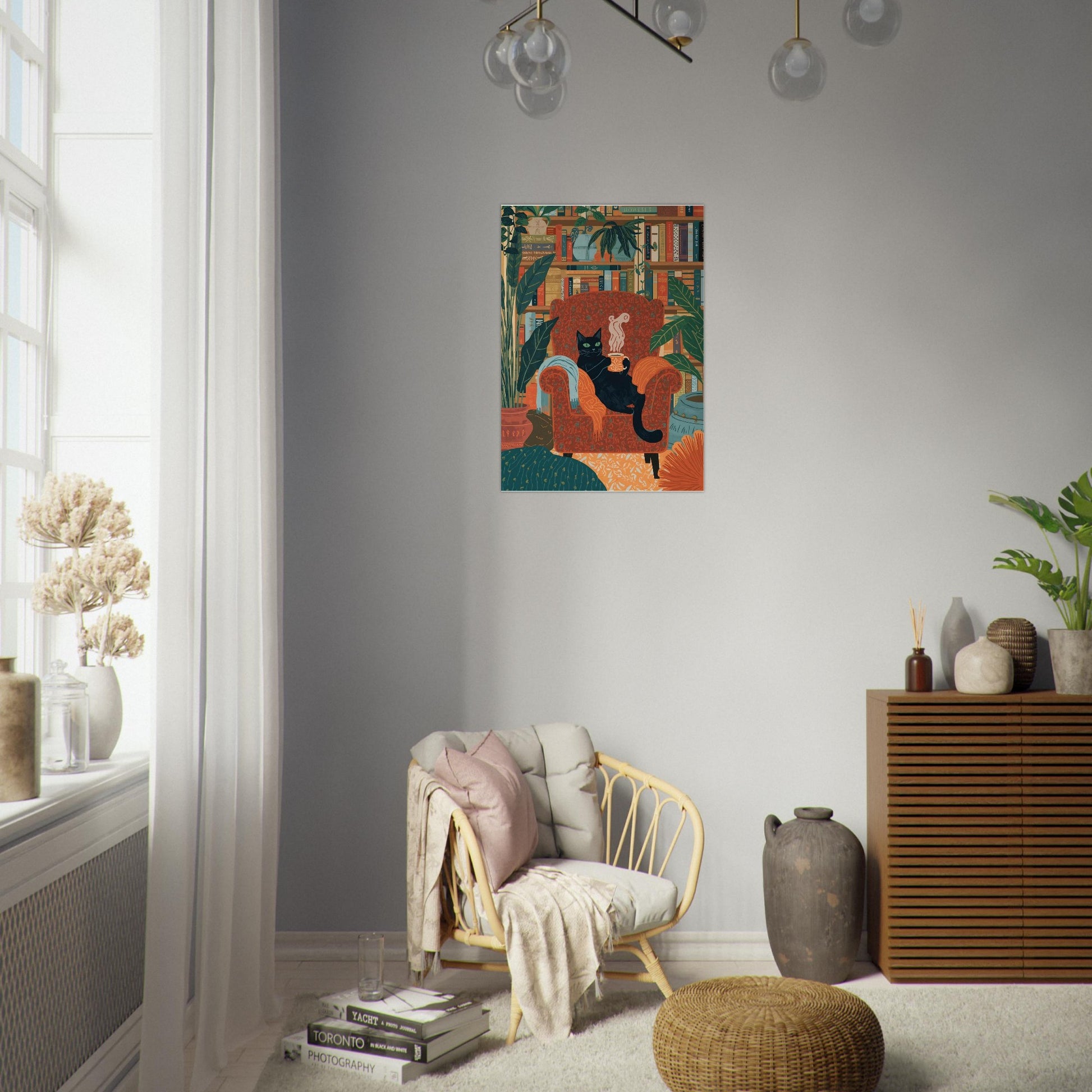 Living room with a colorful abstract painting on the wall, a chair with pillows, and a wooden cabinet.