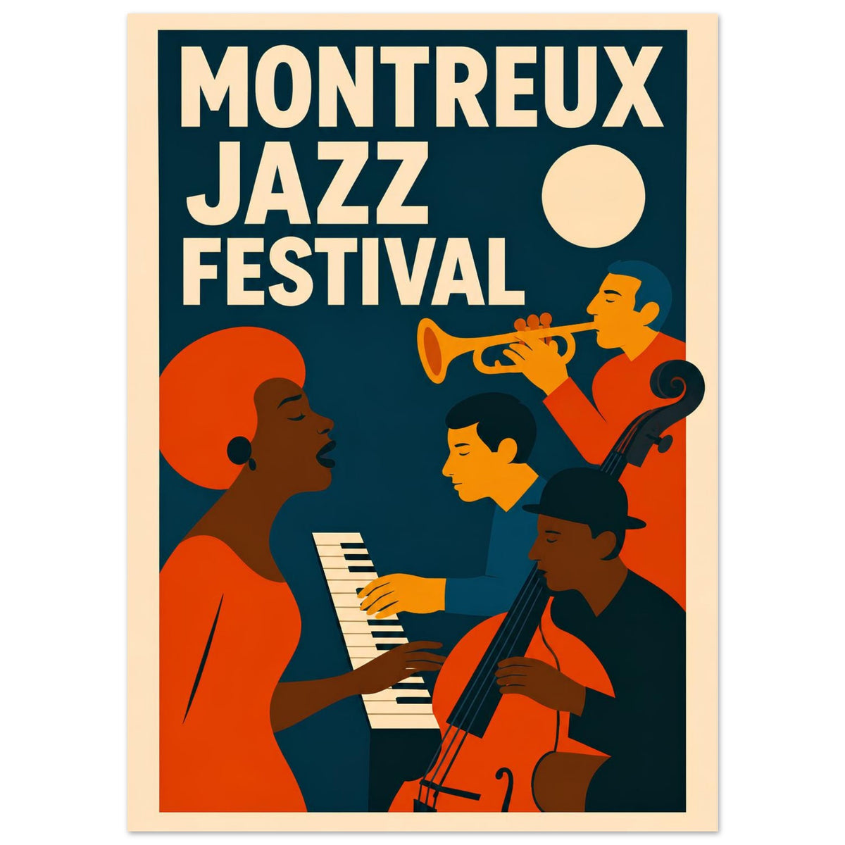 Montreux Jazz Festival poster with musicians and a trumpet on a blue background