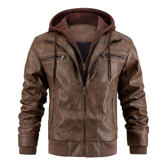 Brown leather jacket with a hood on a white background
