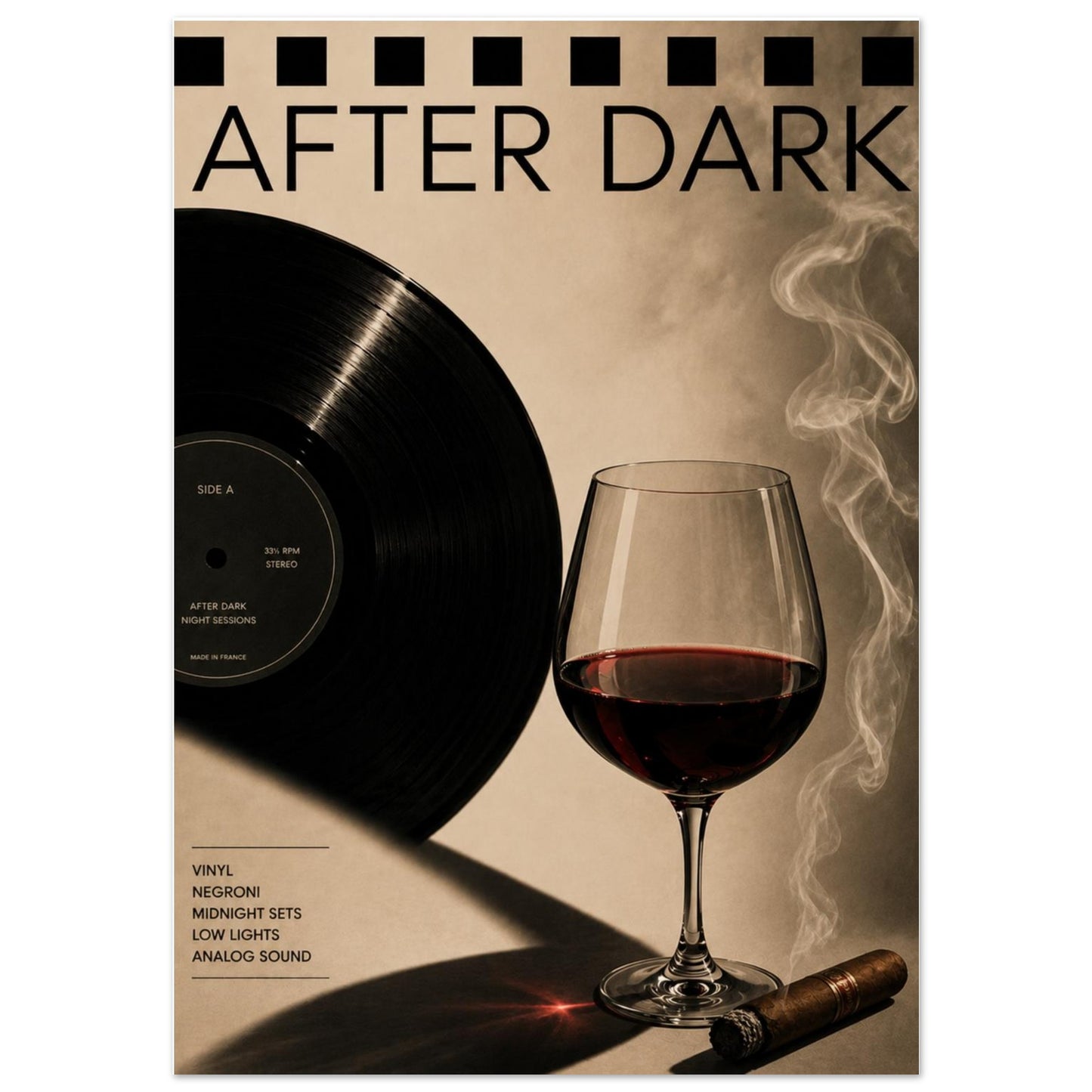 Poster with a vinyl record, wine glass, and cigar on a beige background with 'After Dark' text.
