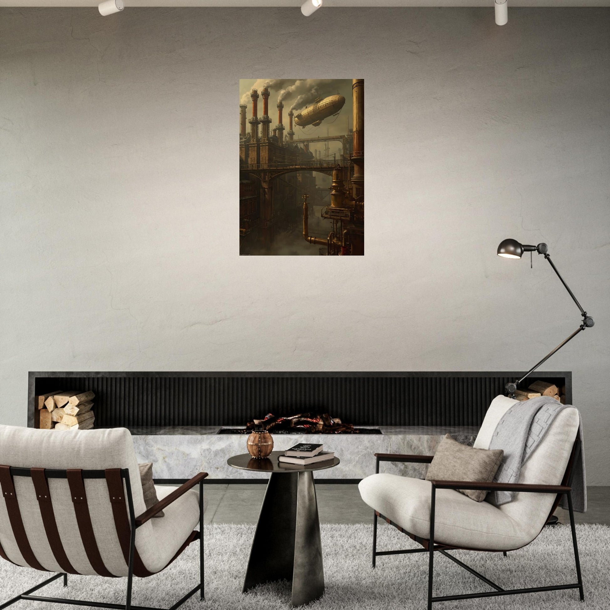Modern living room with a painting of a steampunk scene on the wall.