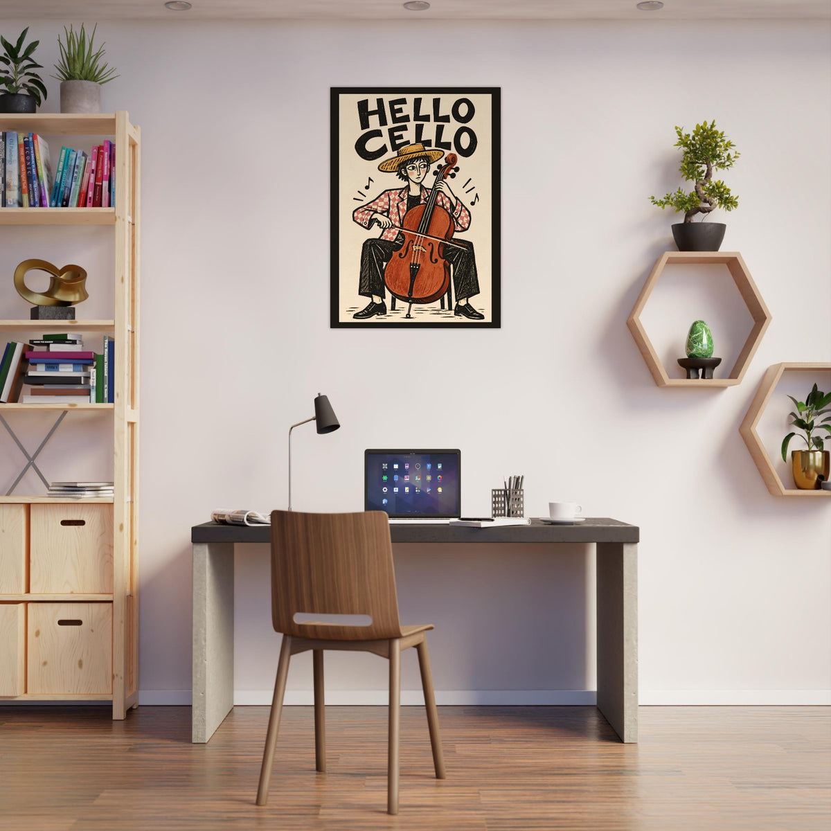 A framed wall art print featuring an illustrated figure playing a cello with the text 'HELLO CELLO' hangs above a desk in a modern home office setting with a wooden chair, laptop, bookshelf, and wall shelves.