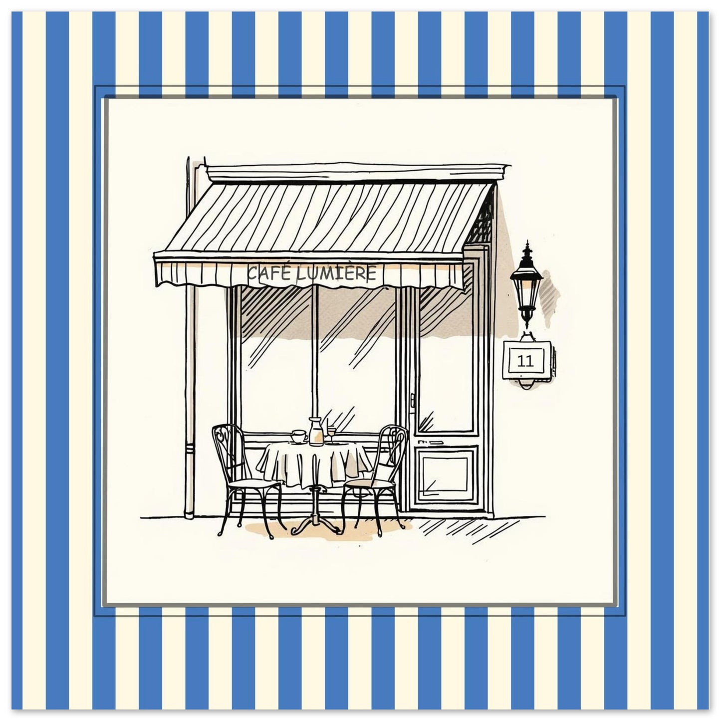 Close-up of Café Lumière Paris blue square art print with striped border