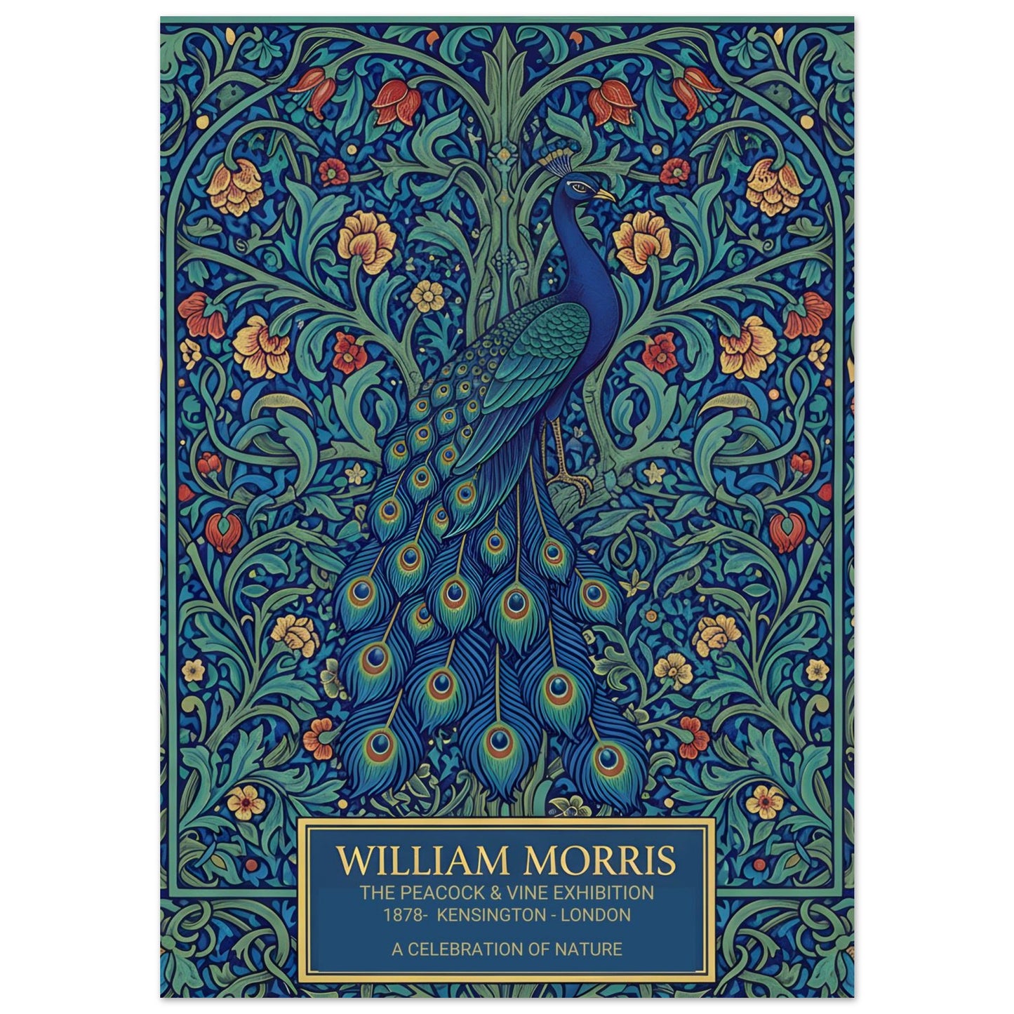 Vintage William Morris exhibition poster of a blue peacock with a long, detailed tail, surrounded by intricate green vines and orange flowers on a dark teal background. Cream-colored text at the bottom reads William Morris The Peacock and Vine Exhibition.