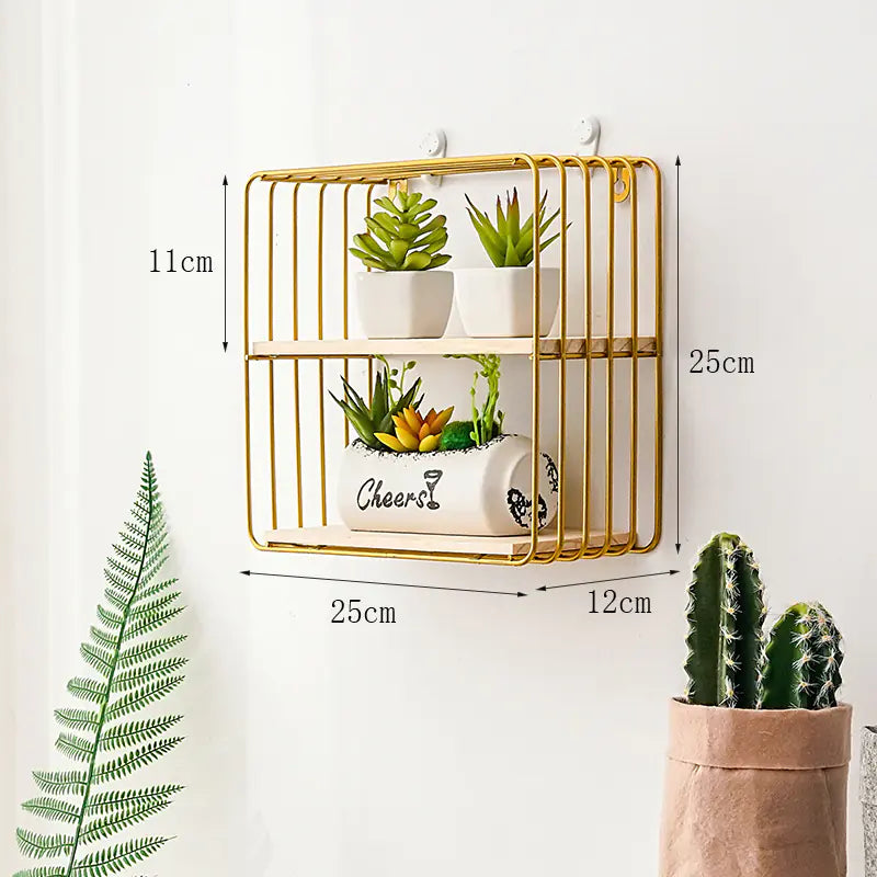 Gold wall-mounted plant holder with plants and measurements on a white background