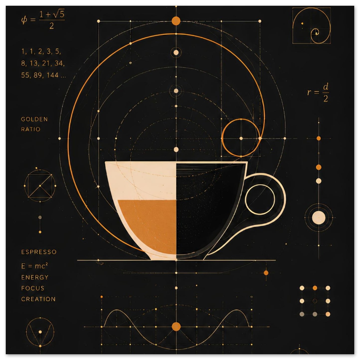 Design of a coffee cup with geometric and mathematical elements on a black background